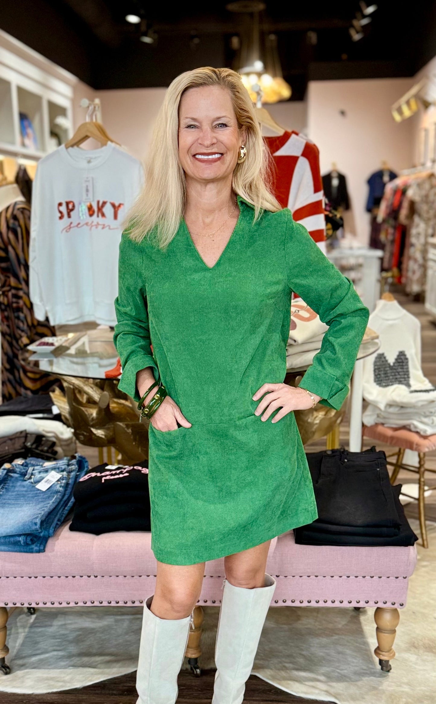 Joy Joy Split Neck Collar Dress Green