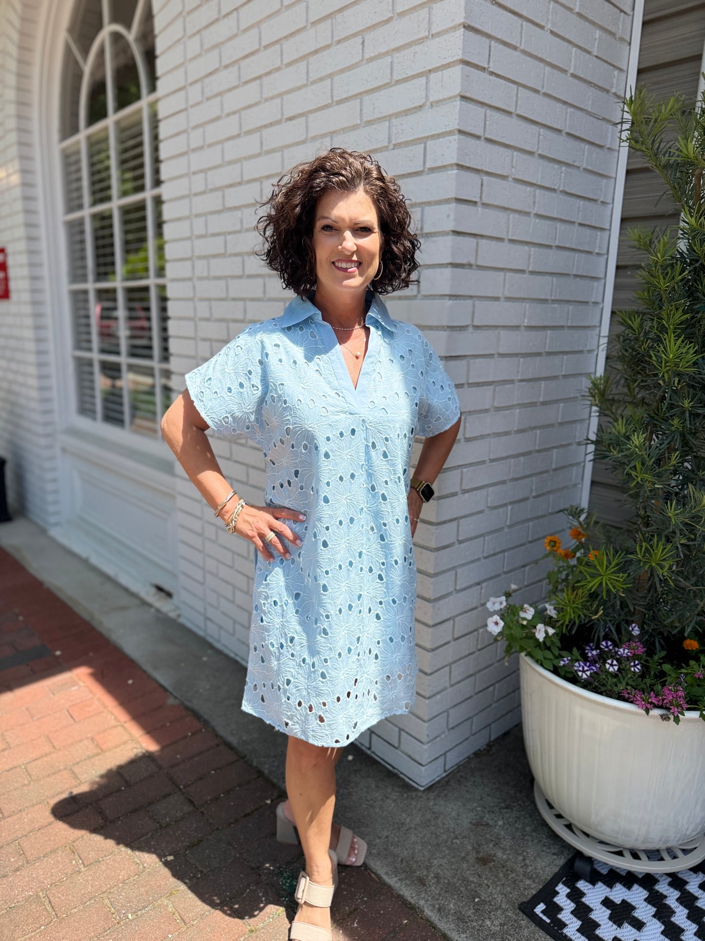 THML Short Sleeve Floral Eyelet Embroidery Dress