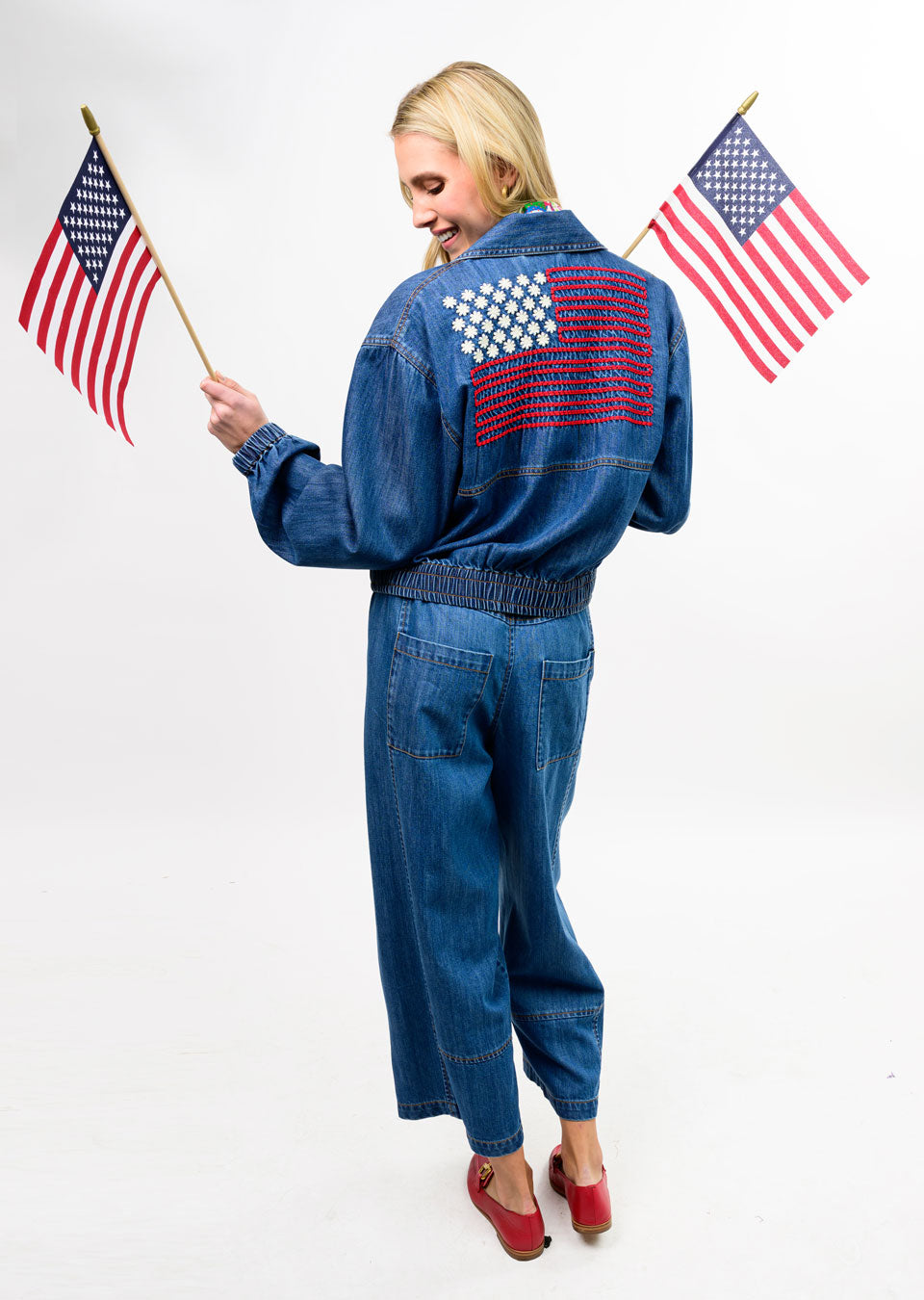 Ivy Jane Denim Flag Embroidery Bomber Jacket