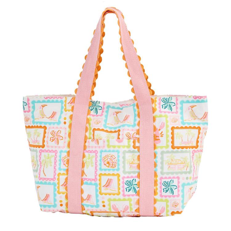 Mary Square Monaco large canvas tote bag featuring tropical stamp print pattern with pink scalloped handles.