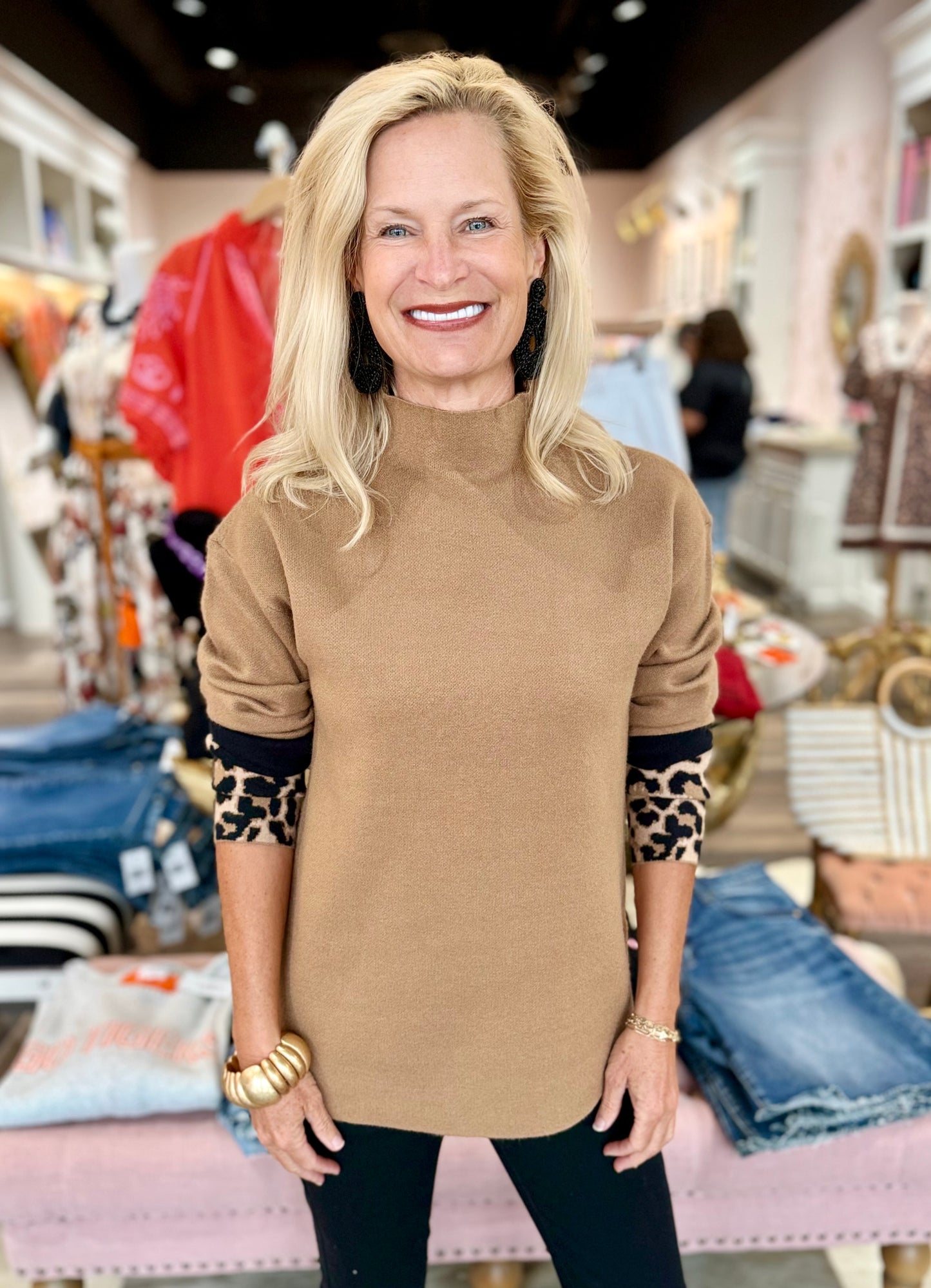 Charlie B Funnel Sweater with Color Block Detail Truffle