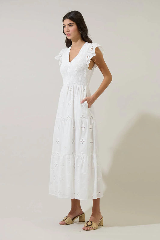 Kinna Eyelet Sunfire Tiered Midi Dress White