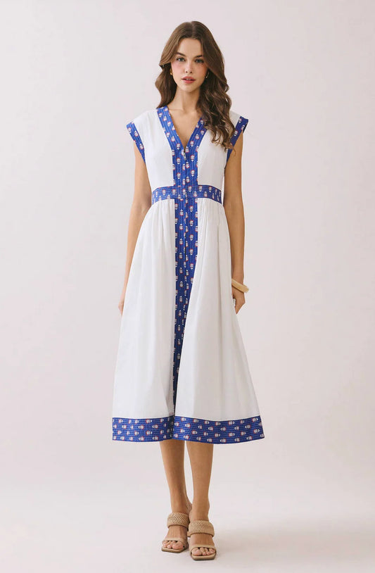 Printed Trim Detail Cap Sleeve V- Neck Midi Dress