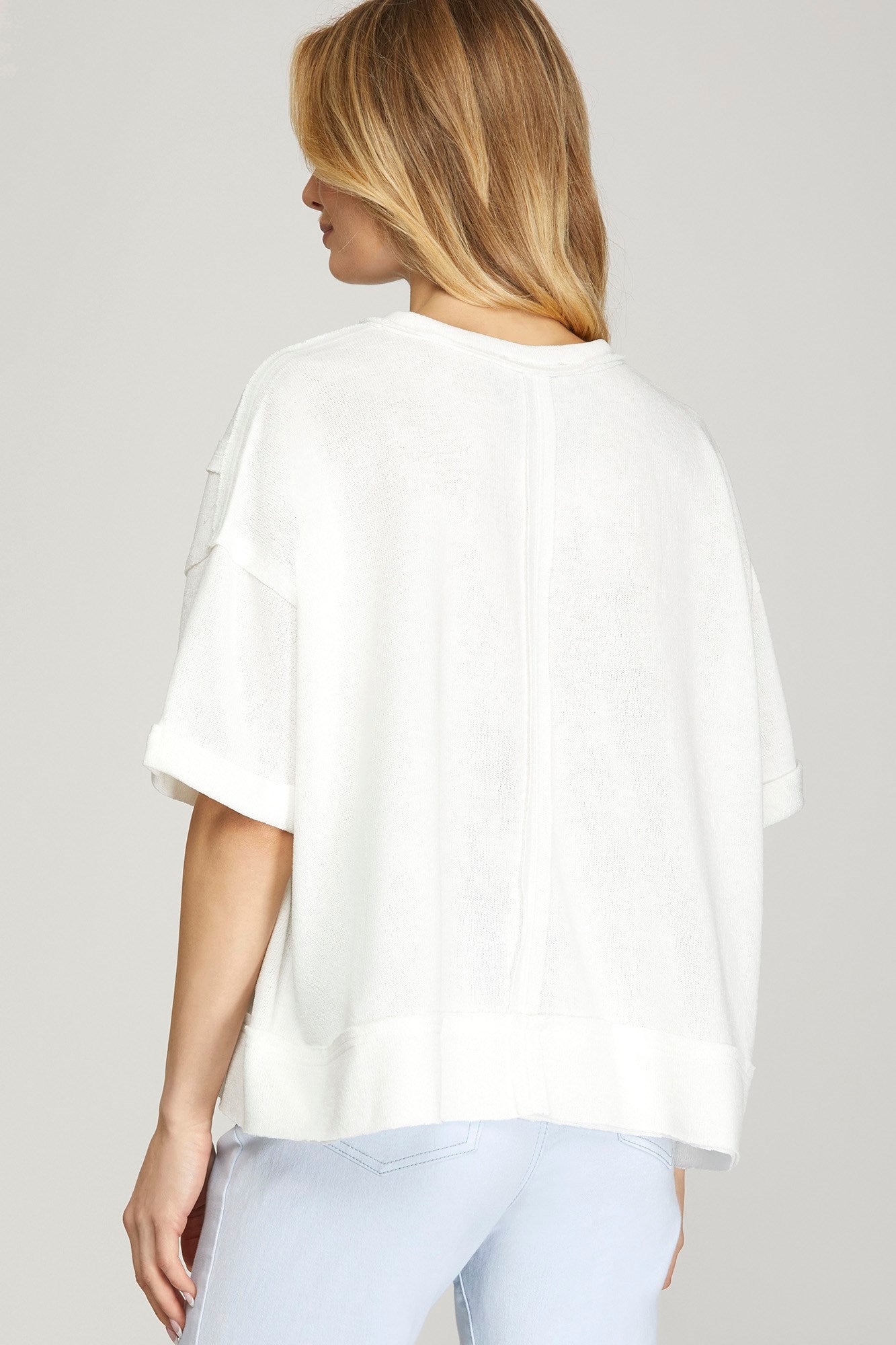 Short Sleeve V Neck Raw Edge Knit Top Off White