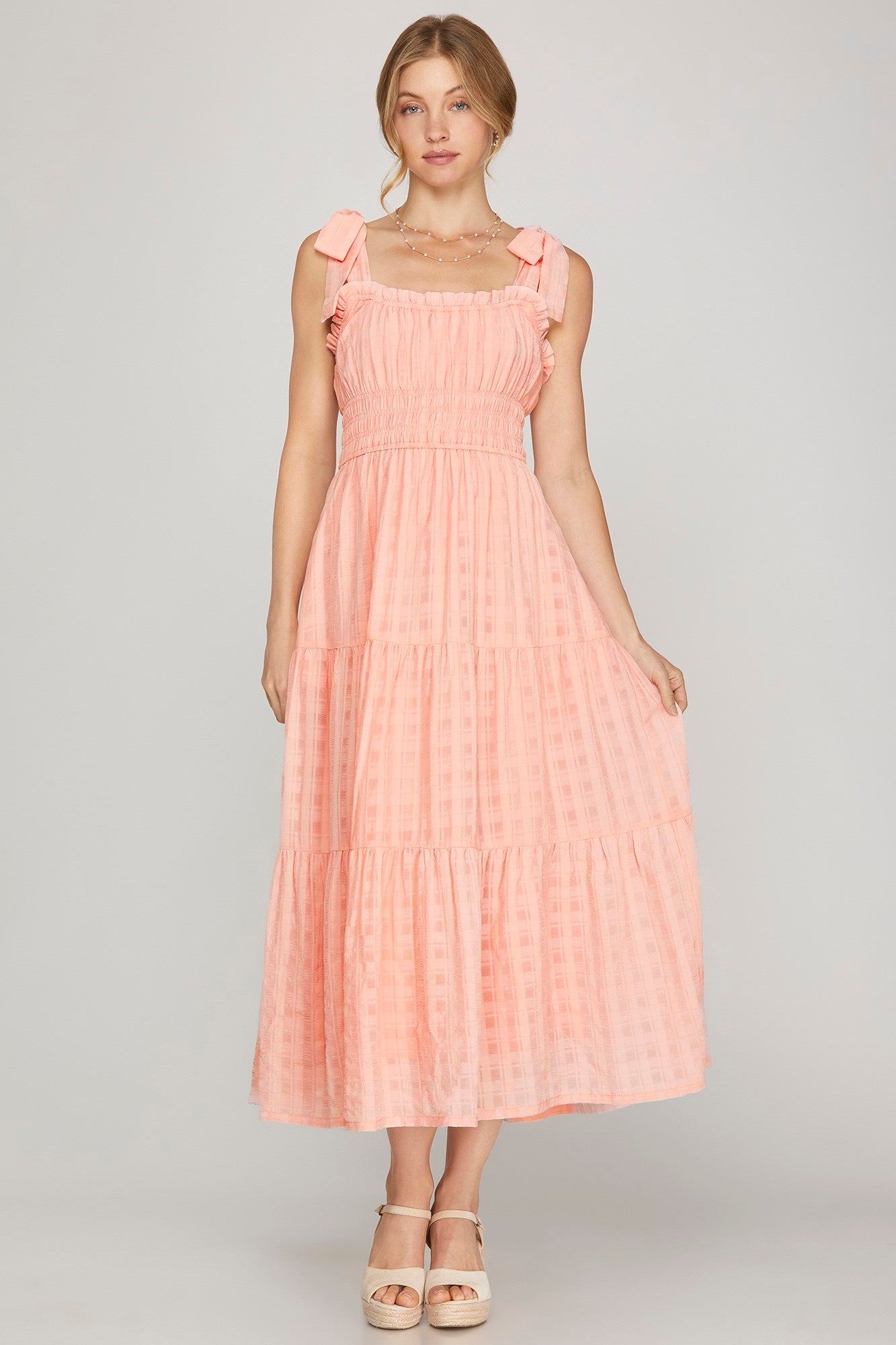 light pink tiered dress Textured Woven Women's Midi – Southerngirlchic Color:Mint the Luna Strapless Maxi 1920's Chaampagne Wedding Dresses Layers