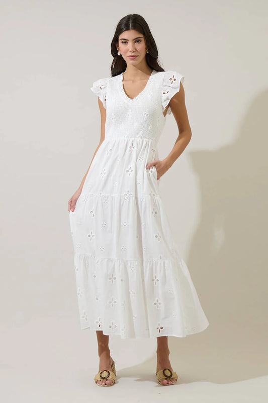 Kinna Eyelet Sunfire Tiered Midi Dress White