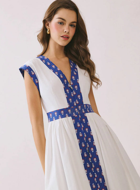 Printed Trim Detail Cap Sleeve V- Neck Midi Dress