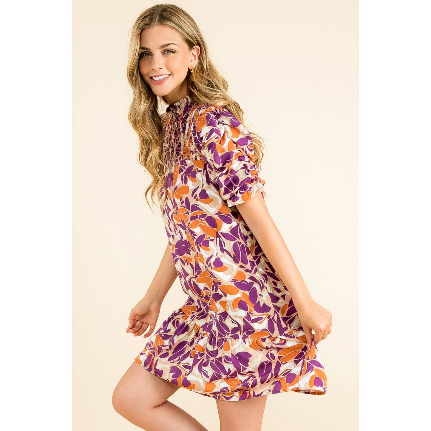 Leaf Print Short Sleeve Smock Dress Purple/Orange