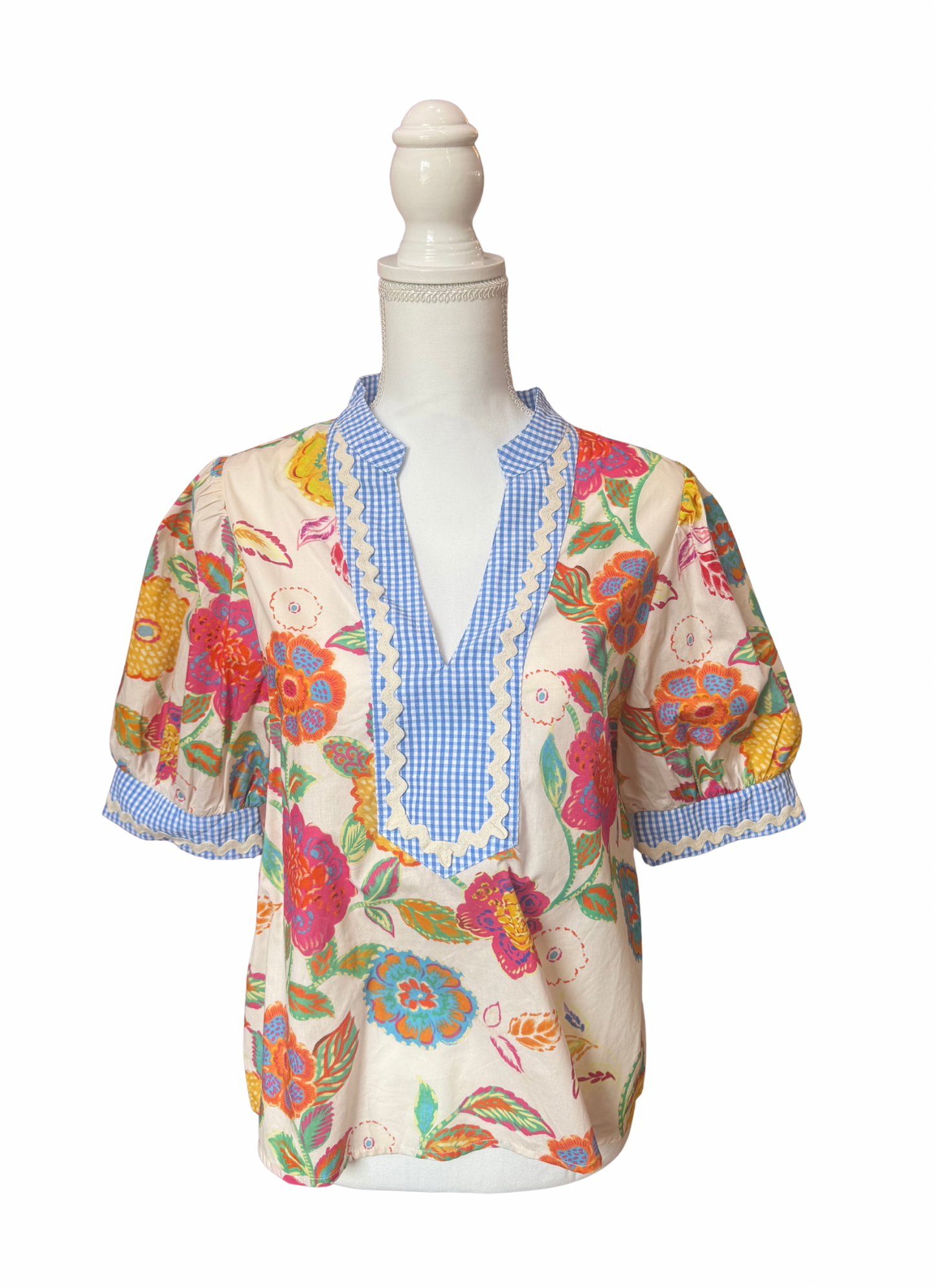 Short Sleeve Floral V-neck Top Cream