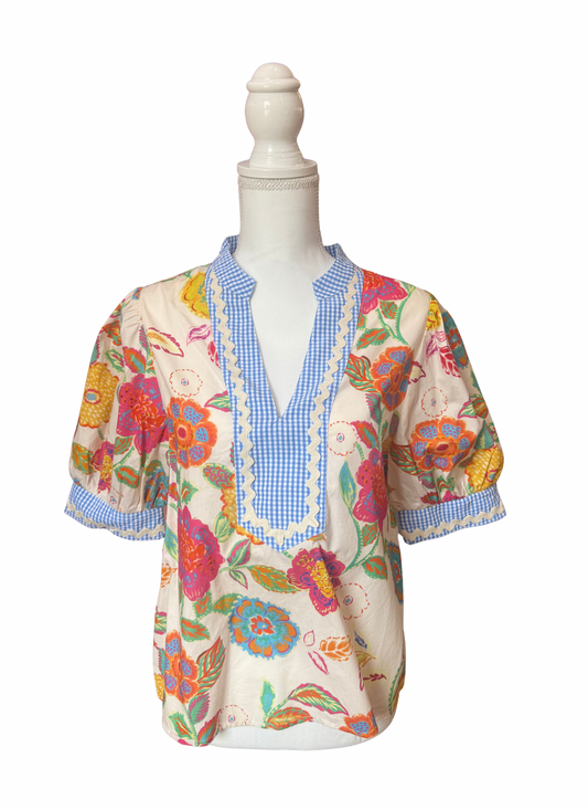 Short Sleeve Floral V-neck Top Cream