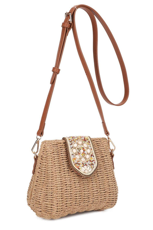 Straw Crossbody Bag With Beaded Buckle: Natural Brown