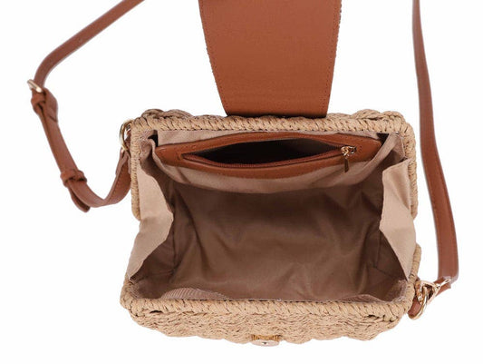 Straw Crossbody Bag With Beaded Buckle: Natural Brown
