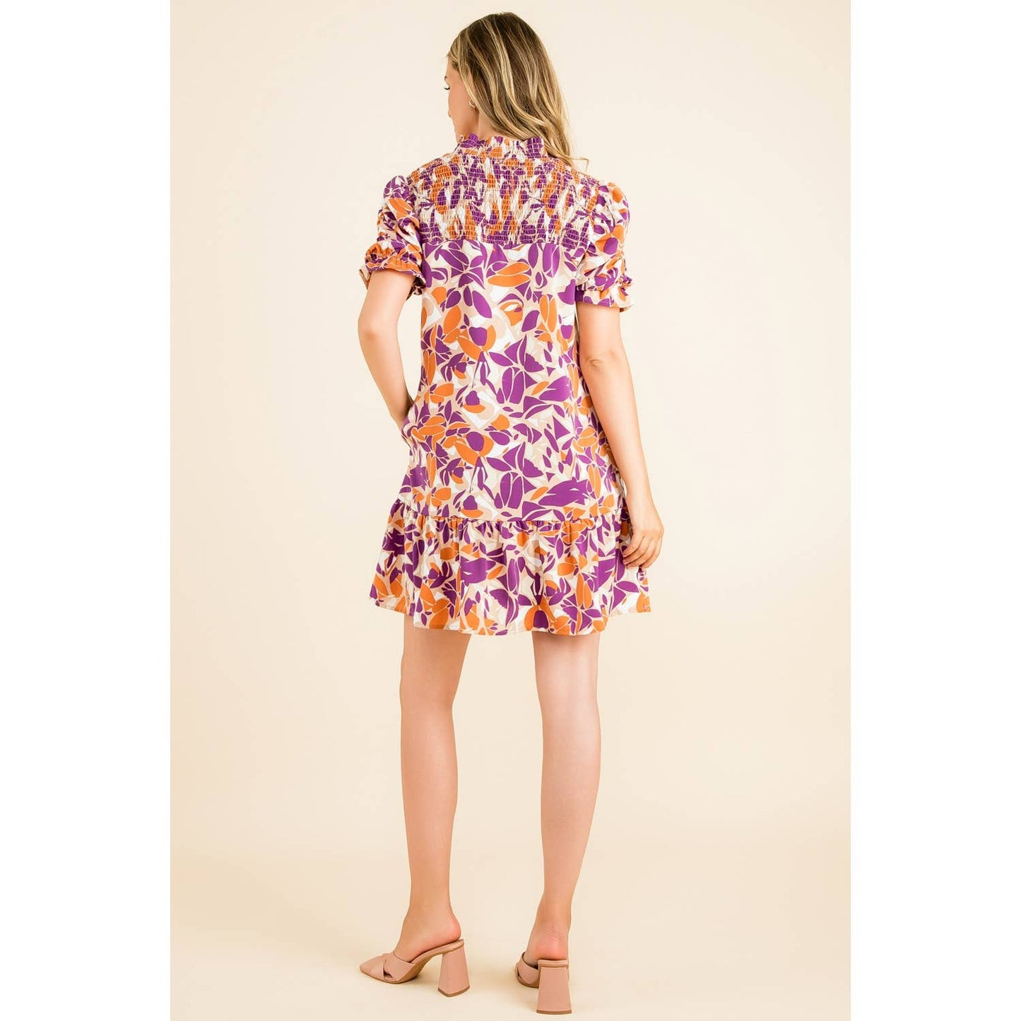 Leaf Print Short Sleeve Smock Dress Purple/Orange