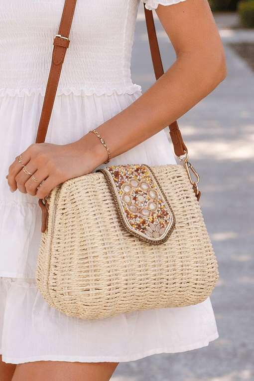 Straw Crossbody Bag With Beaded Buckle: Beige Brown