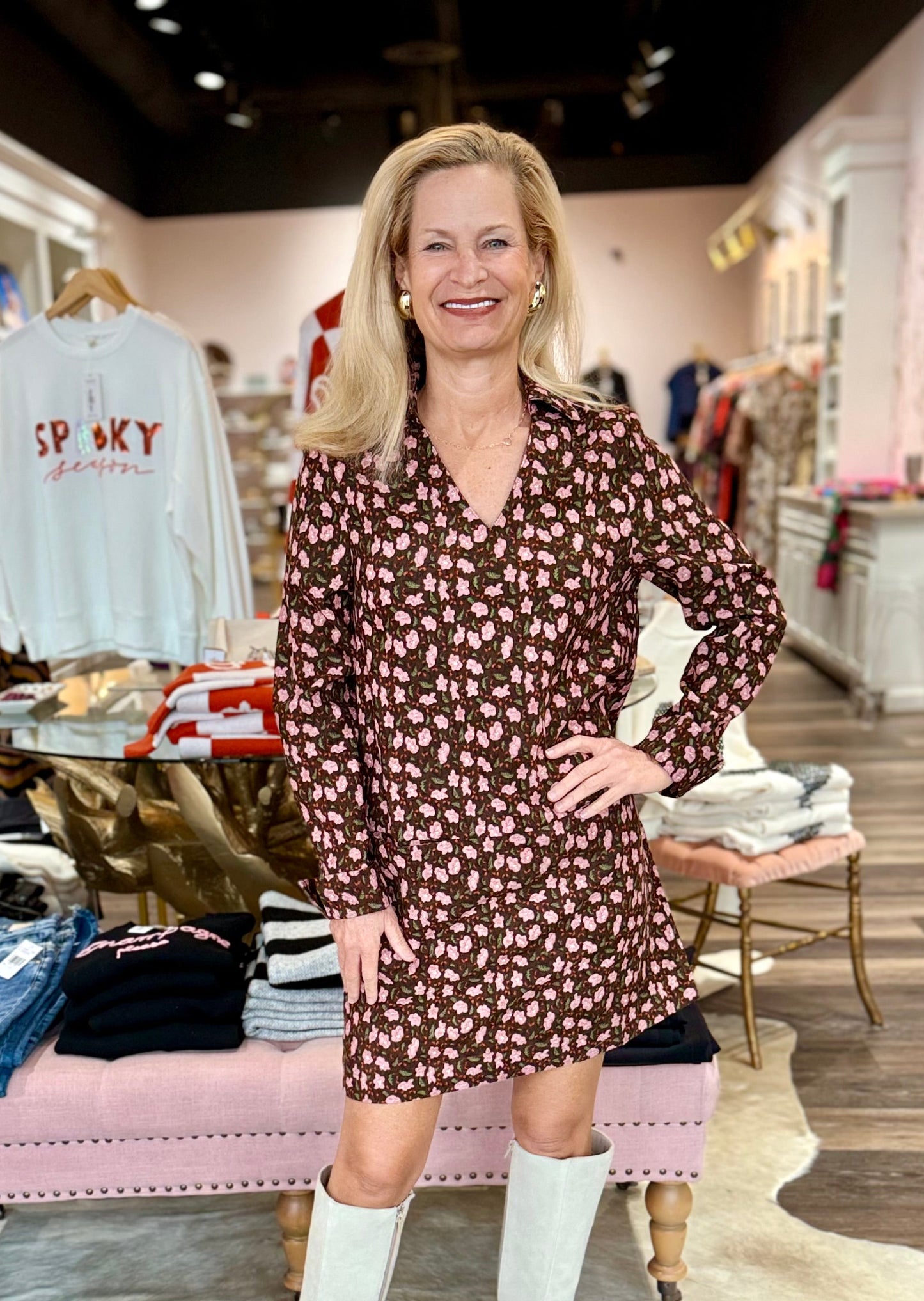 Joy Joy Split Neck Collar Dress Pink Petals