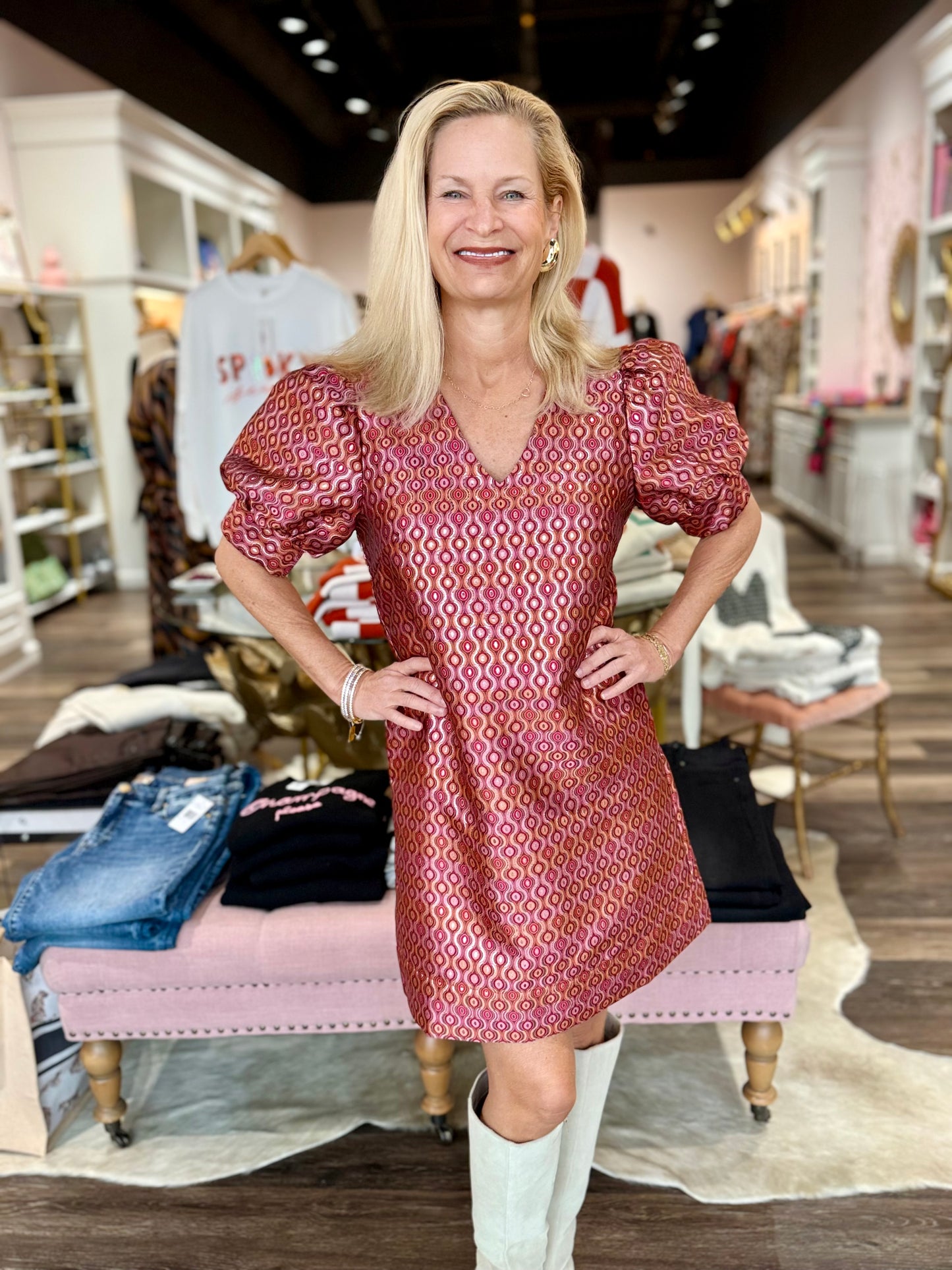 Jade V Neck Short Sleeve Shift Dress Groovy Grid