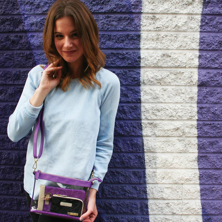 Small Clear Crossbody with Purple and Gold Accents