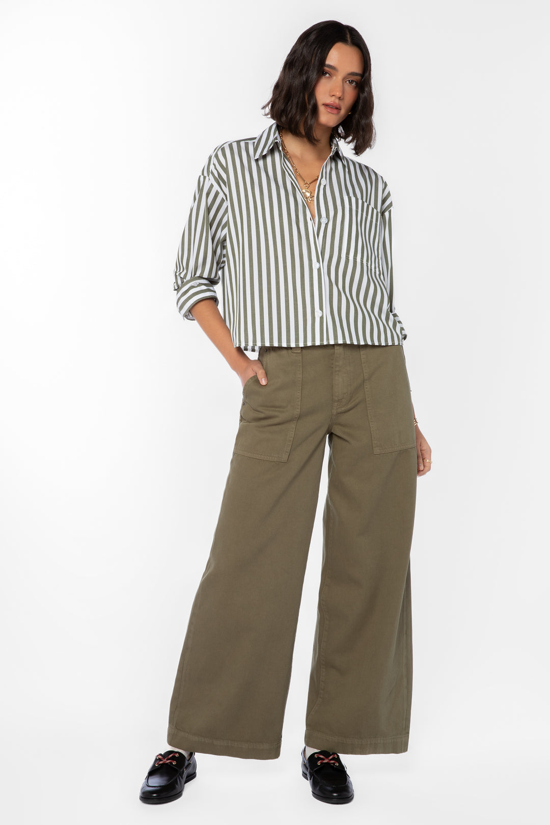 Renuar Striped Cotton Blouse Olive