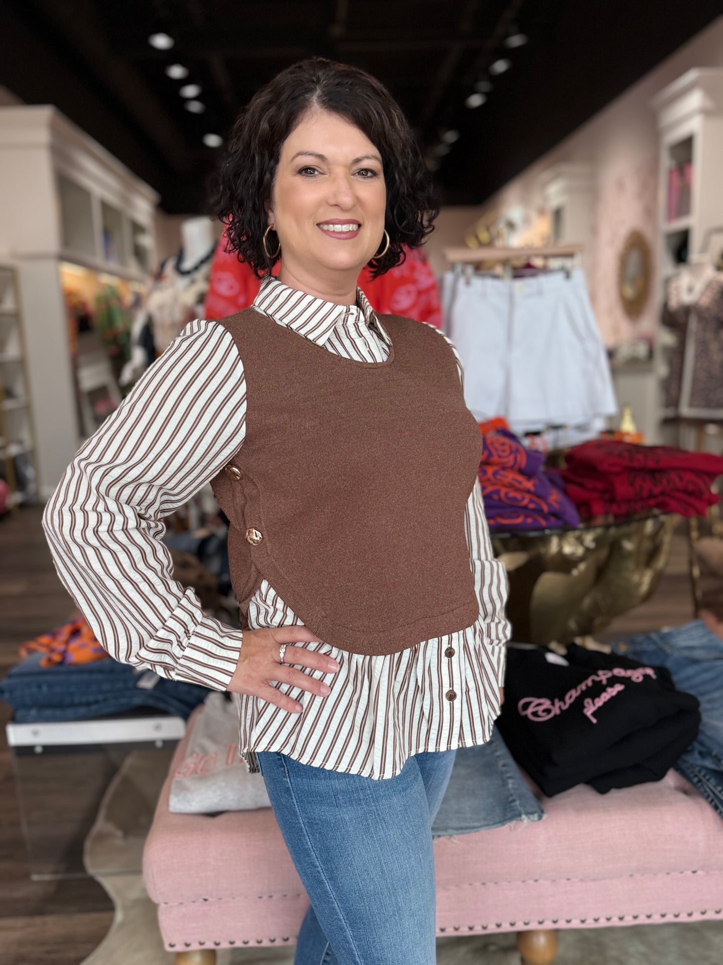 Knitted Vest Twofer Blouse Brown/Stripe