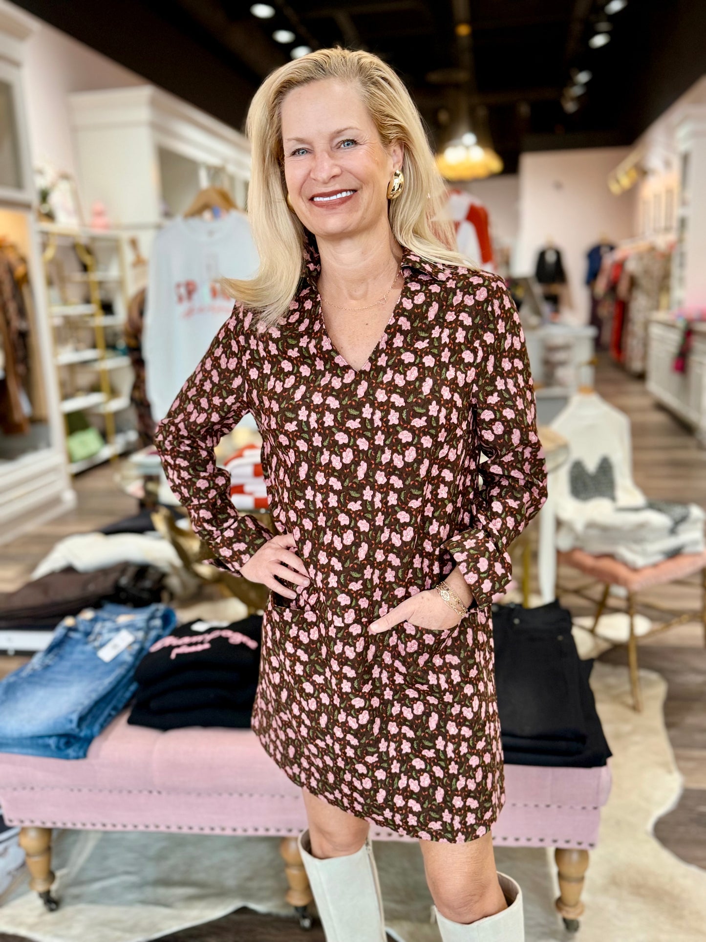 Joy Joy Split Neck Collar Dress Pink Petals