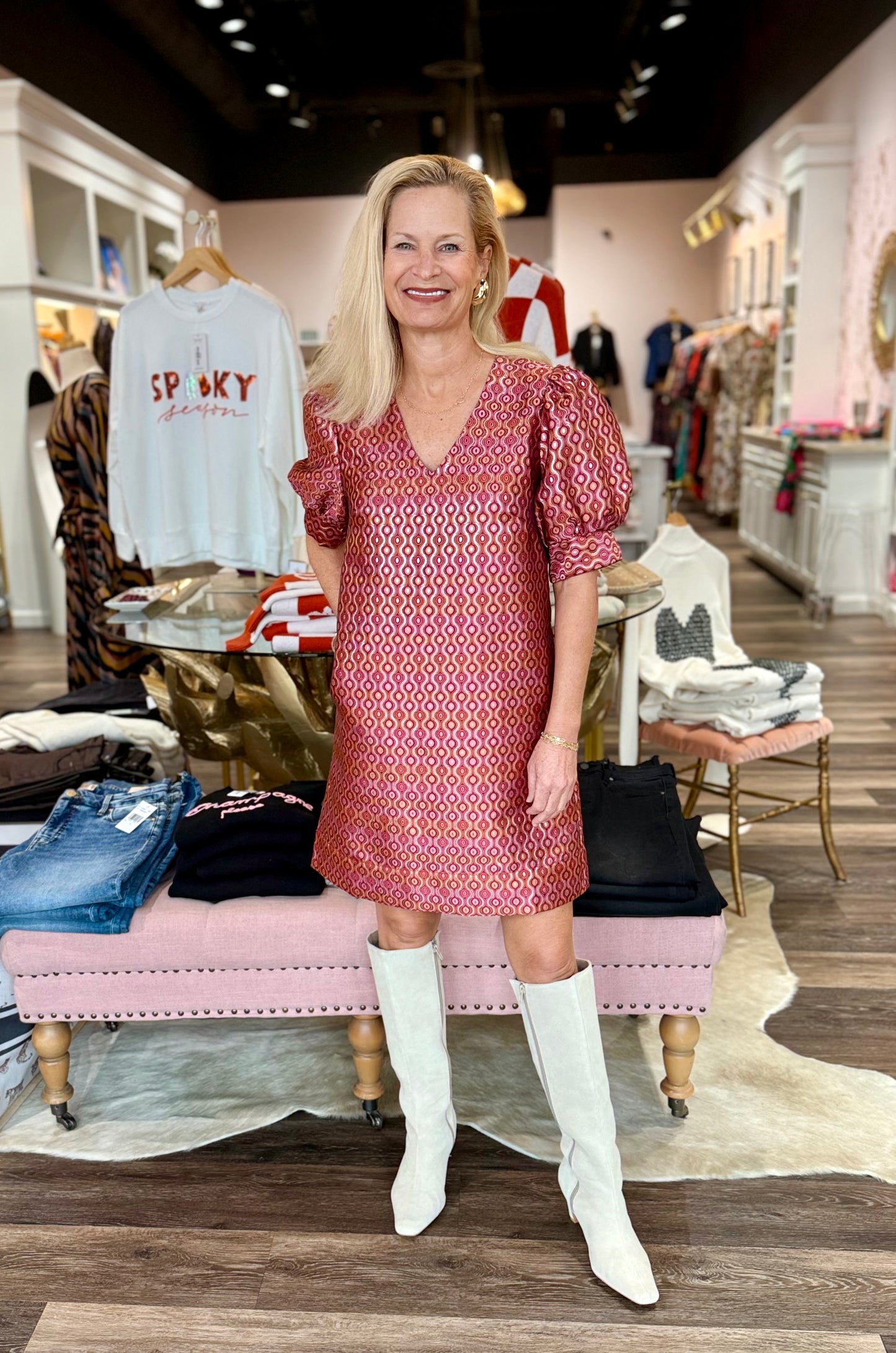 Jade V Neck Short Sleeve Shift Dress Groovy Grid