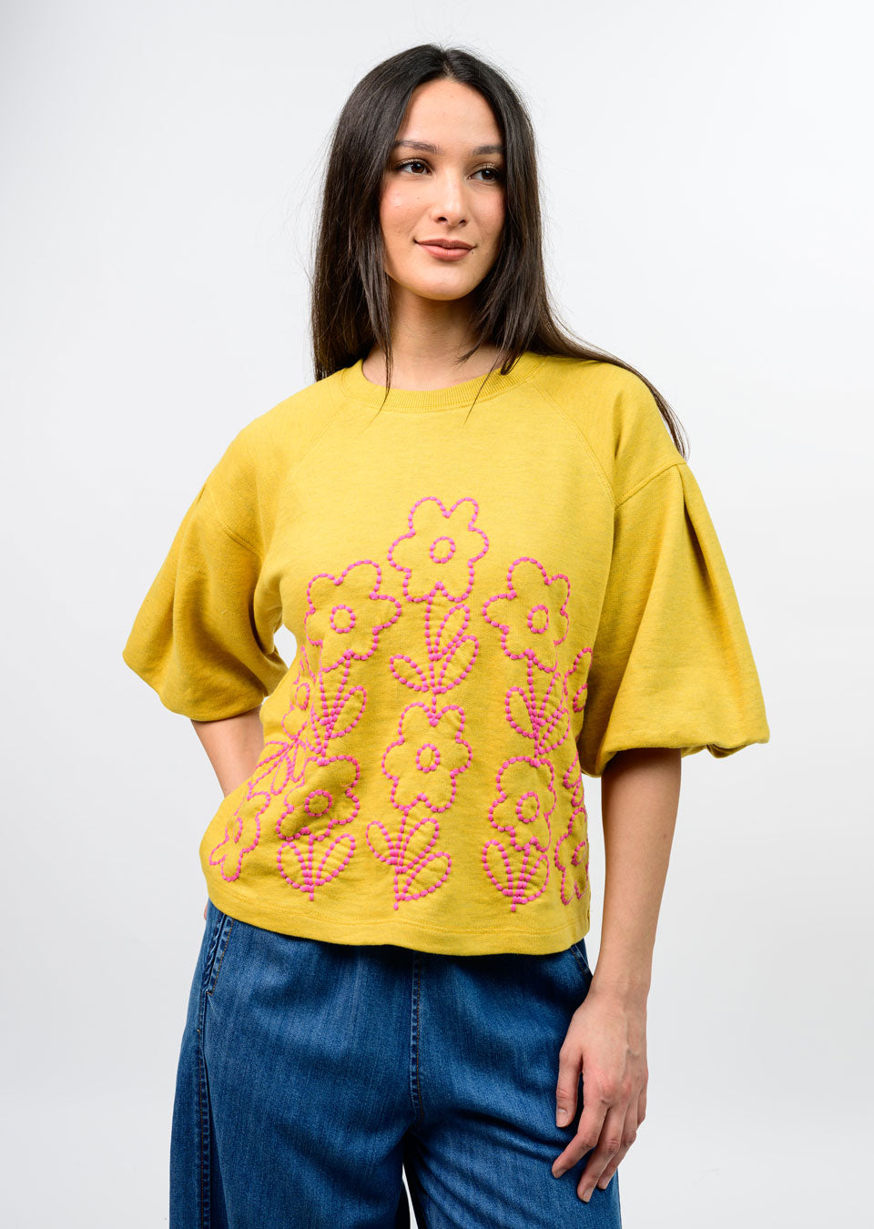 Ivy Jane French Terry Crewneck W/ Floral Embroidery