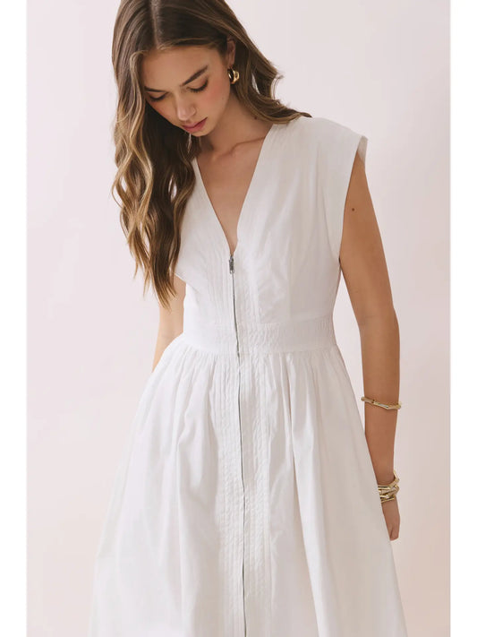 Cap Sleeve V- Neck Midi Dress with Front Zipper