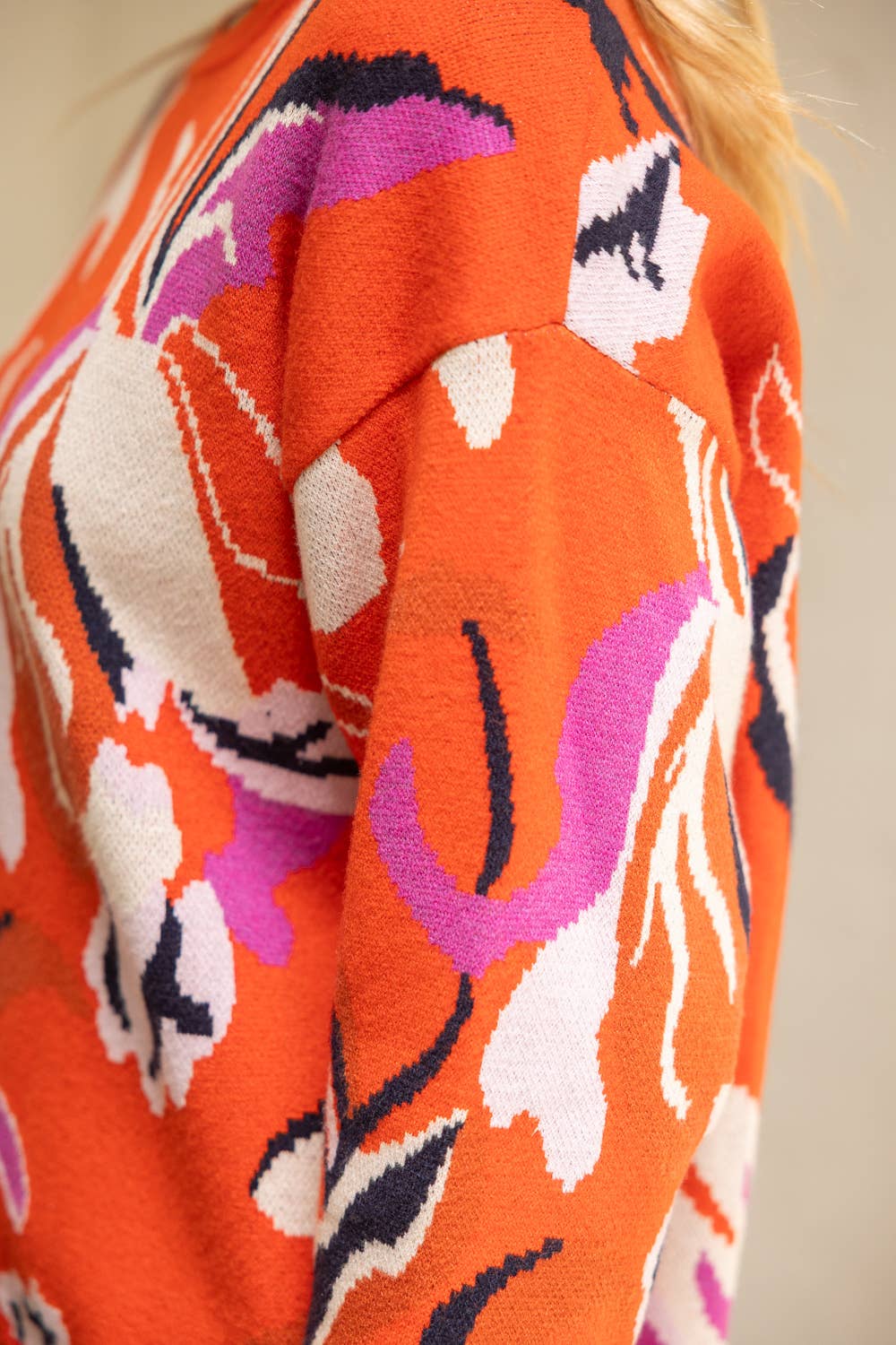 Long Sleeve Oversized Floral Sweater Top Orange