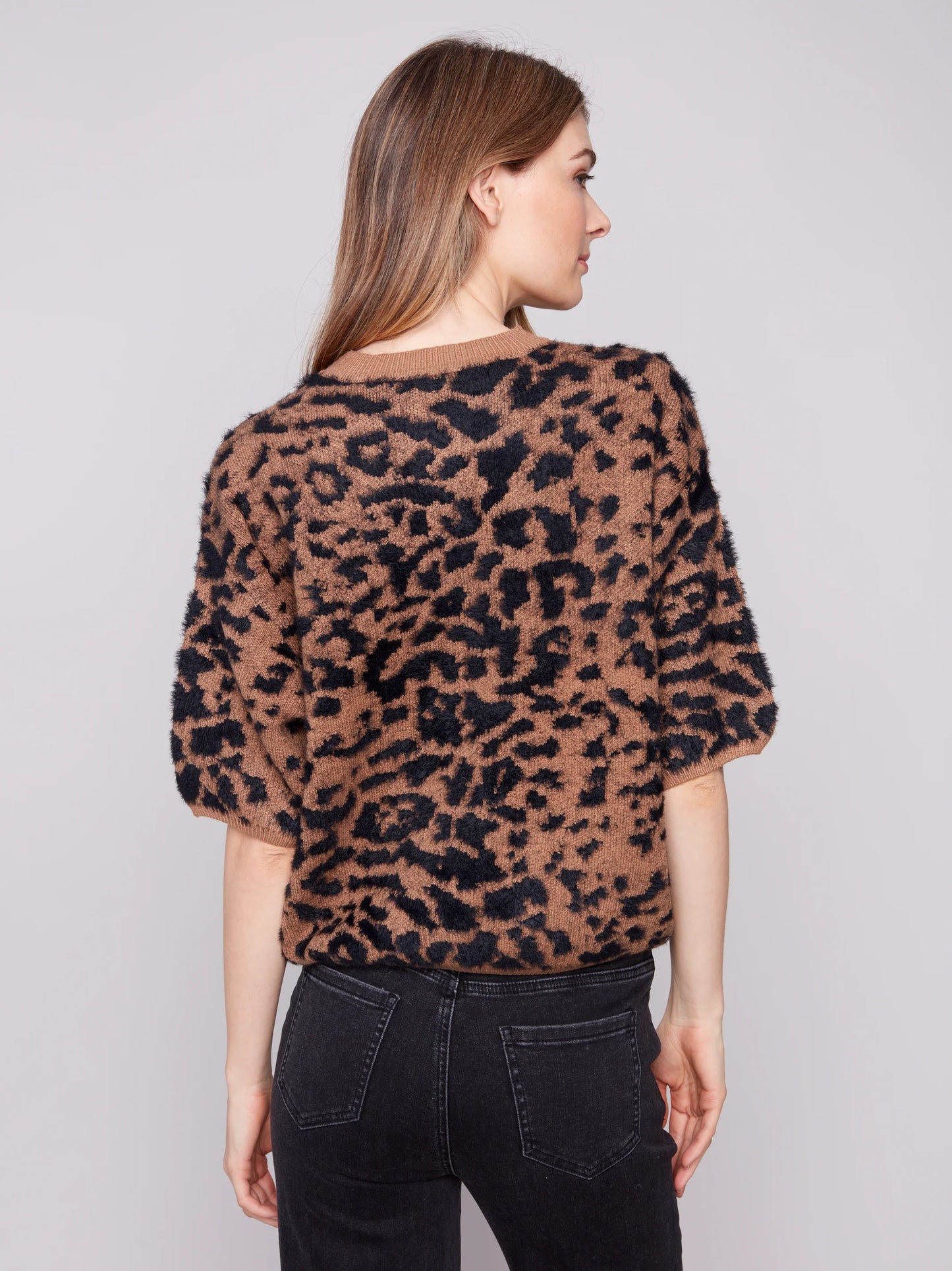 Charlie B Hairy Jacquard Knit Elbow Sleeve Balloon Shape Sweater Leopard