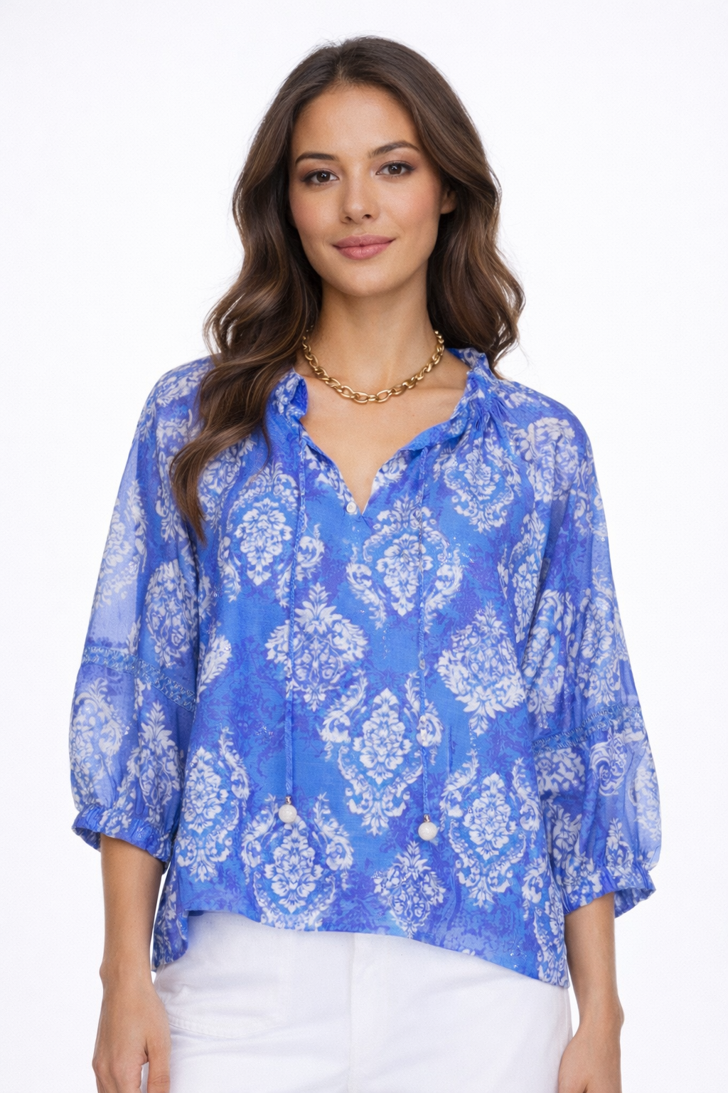 Joy Joy Trimmed Peasant Top Blue Damask