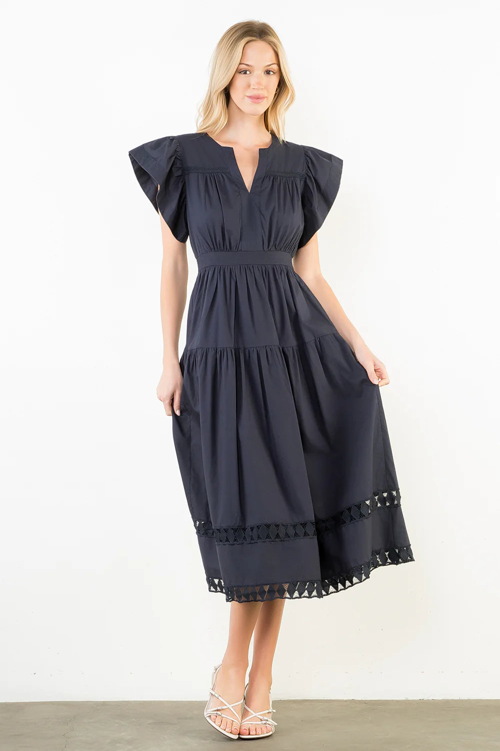 THML Ruffled Sleeves V-Neck Tiered Midi Dress Navy