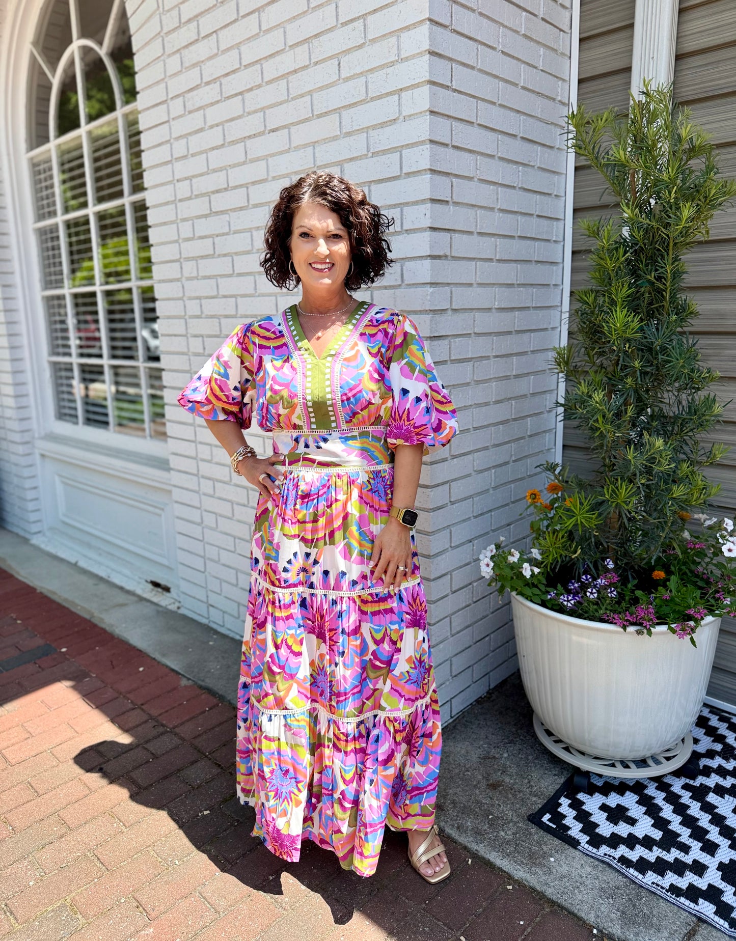 THML Puff Sleeve Pattern Tiered Dress