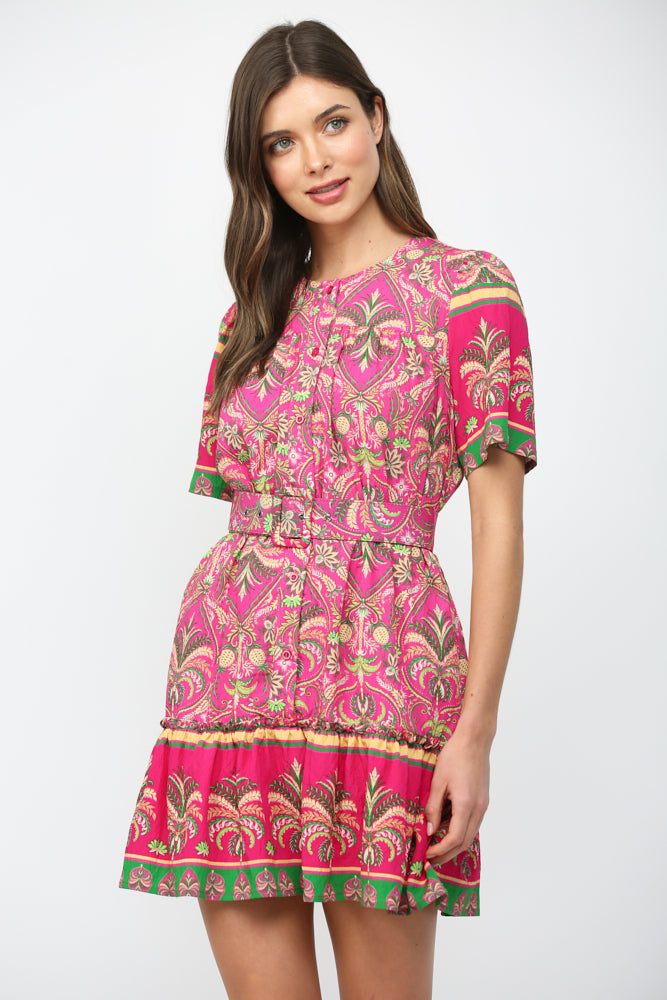 Botanical Border Button Down Dress Magenta