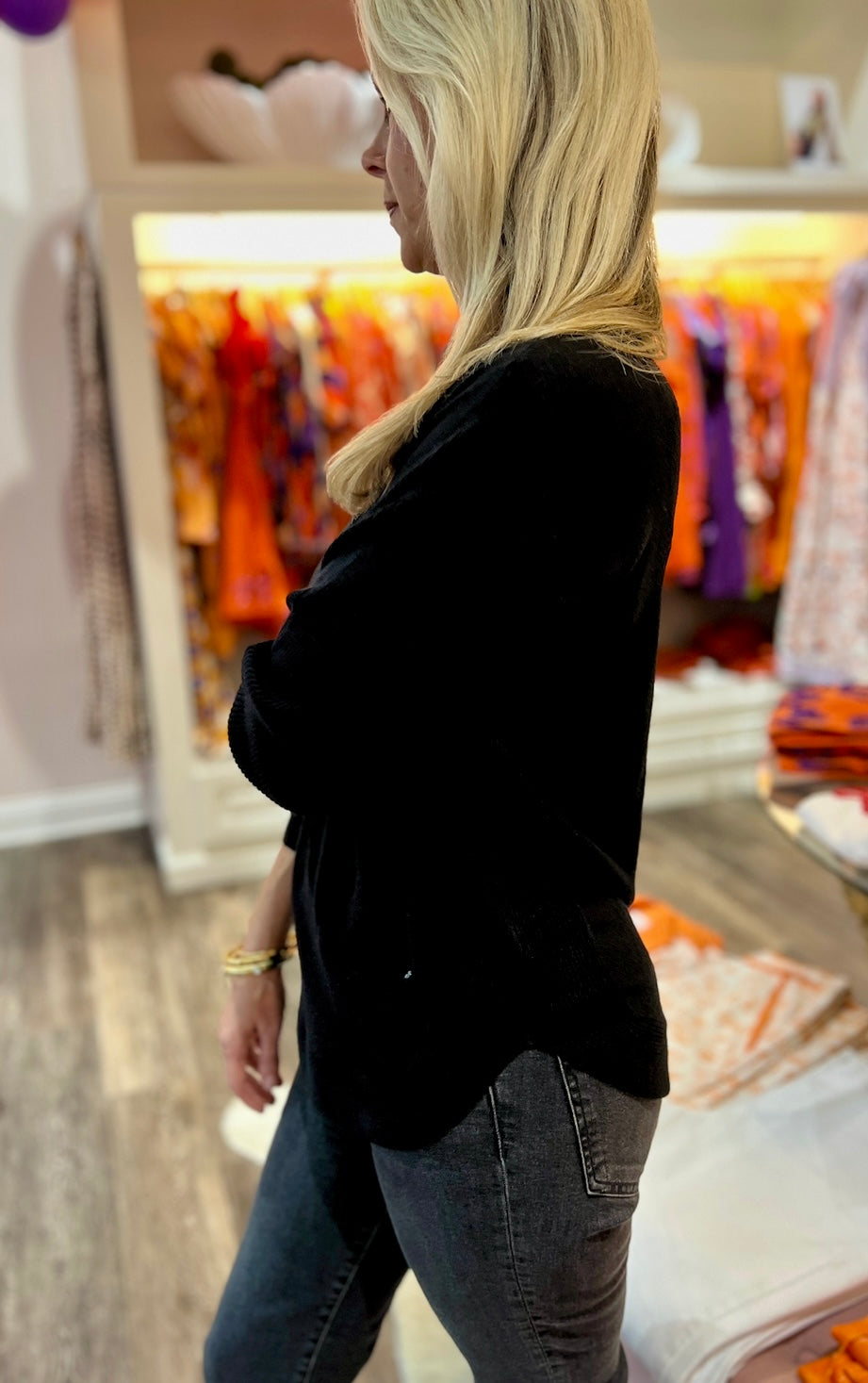 Long Sleeve Sweater with Back Eyelet Detail - Black