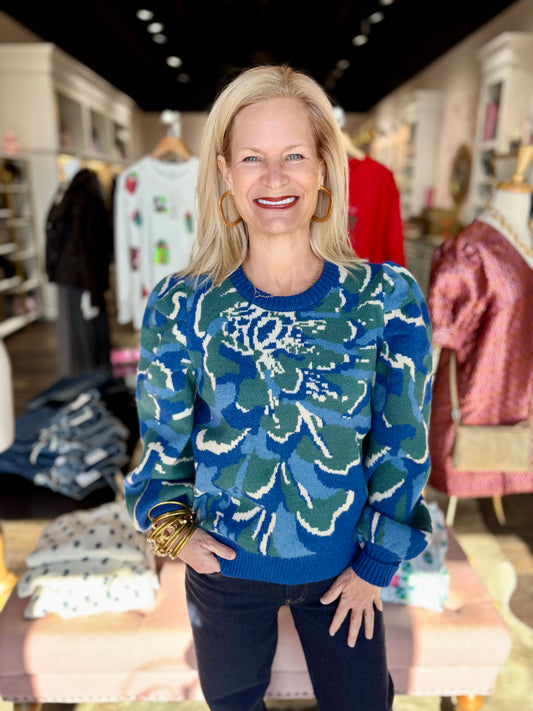 Pleated Long Puff Sleeve Floral Print Sweater Top Blue