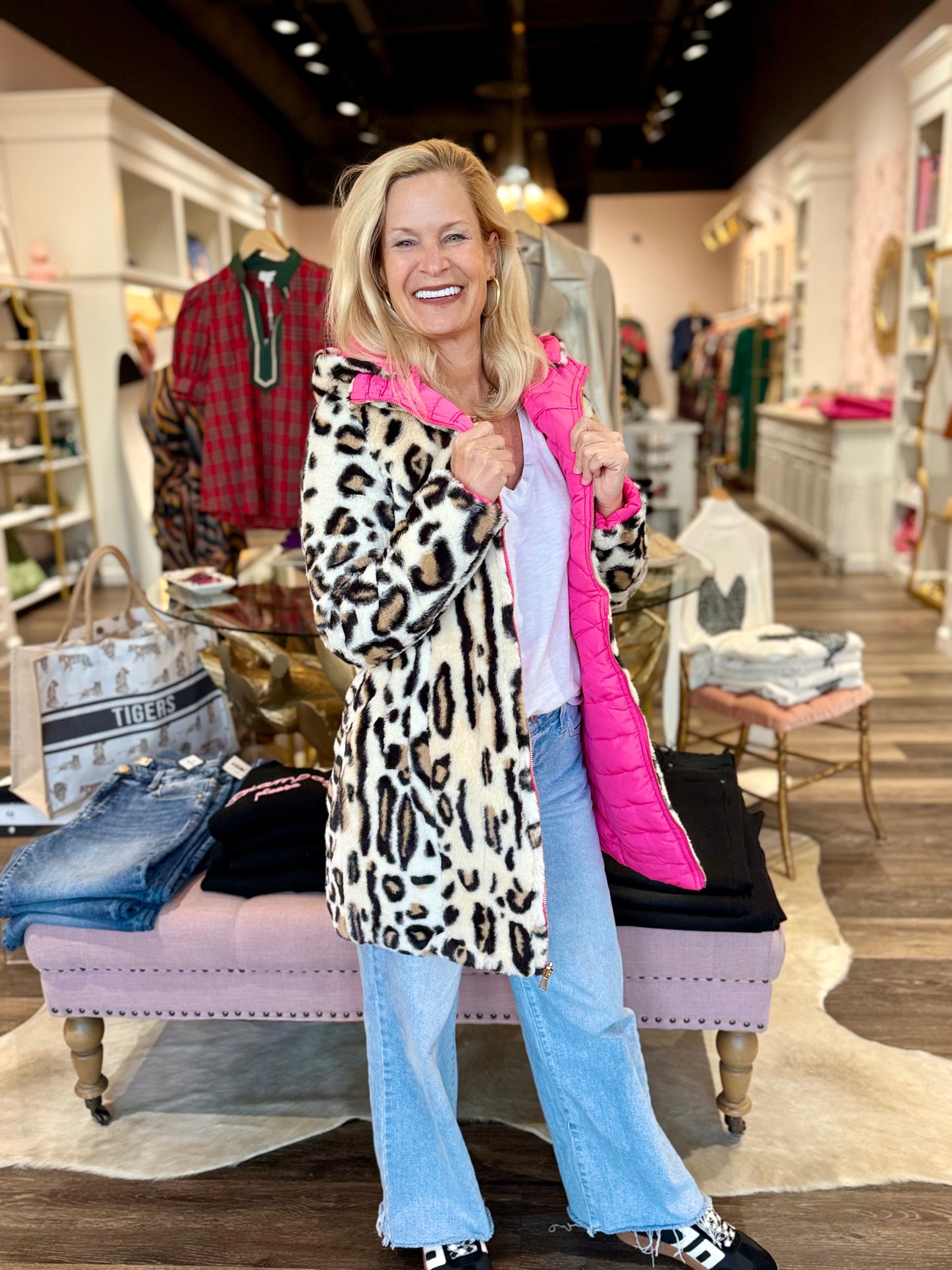 Leopard Fur Reversible Puffer Jacket w/Removable Hoodie