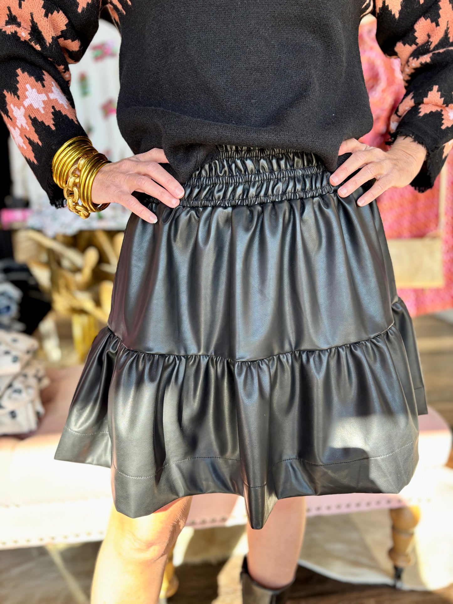 Tiered Leather Skirt Black