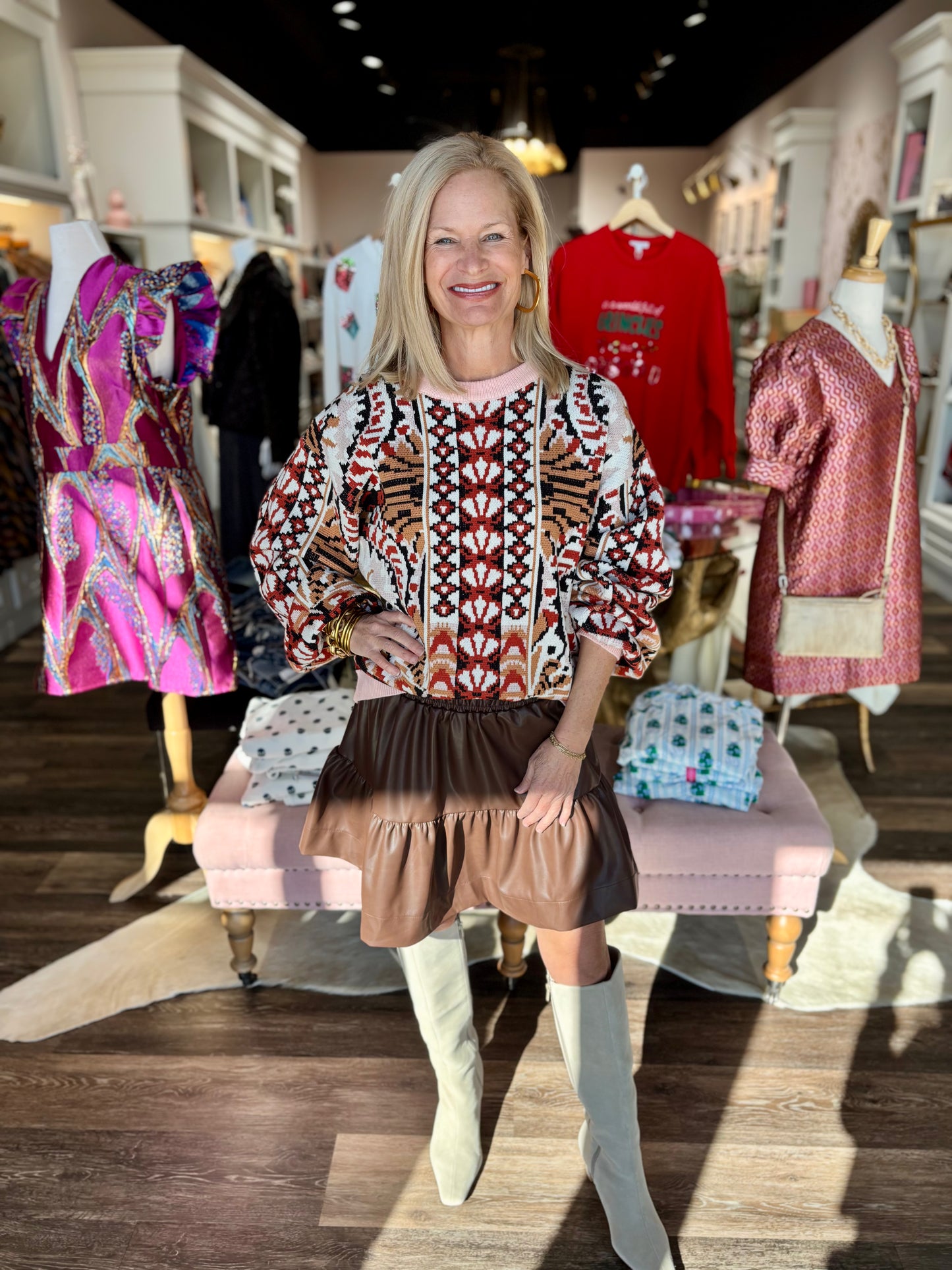 Tiered Leather Skirt Brown