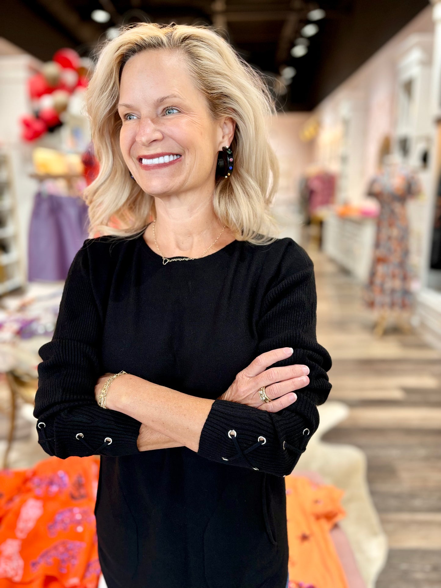 Charlie B Knit Sweater with Lace-Up Cuffs - Black