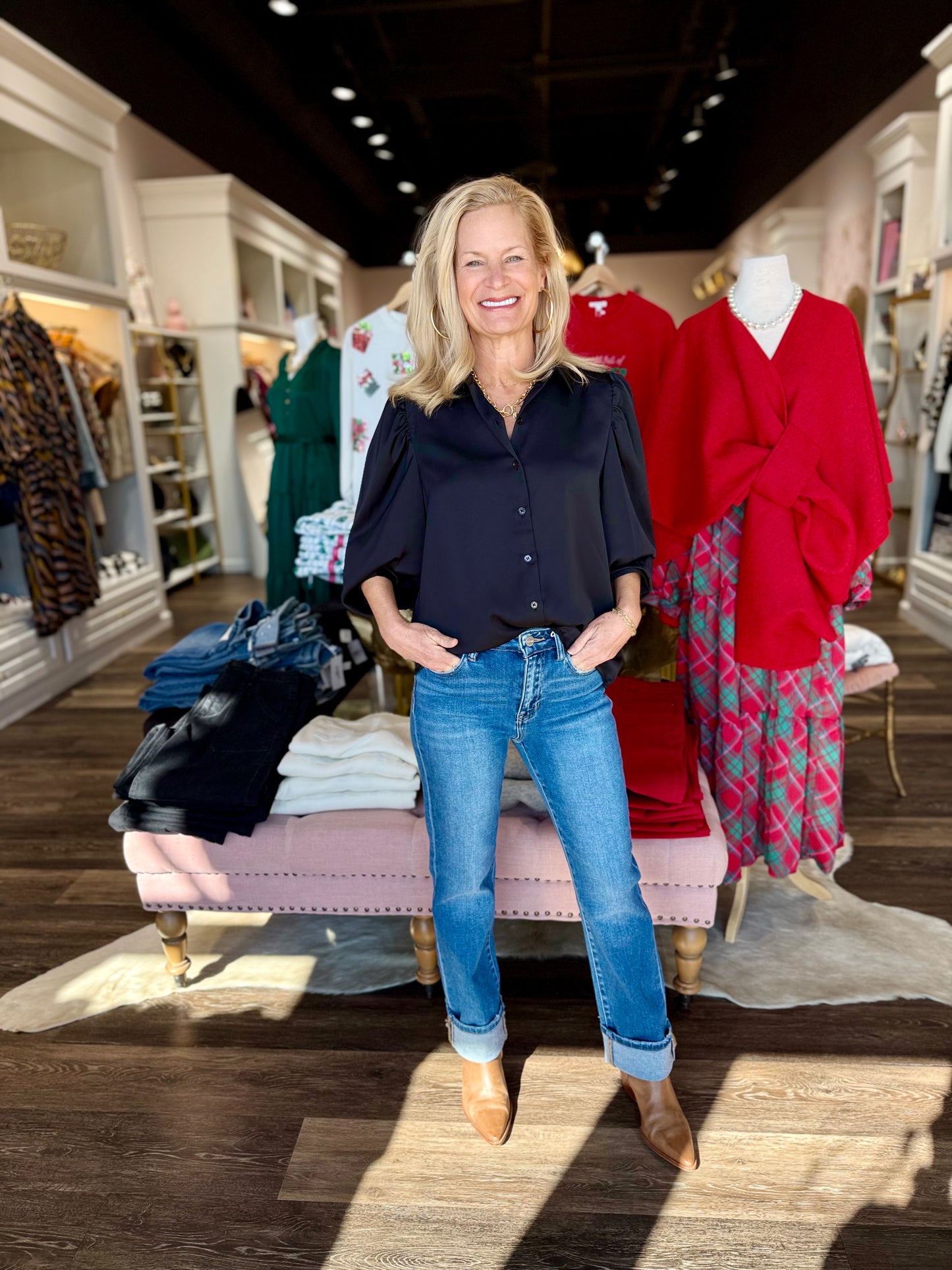 Long Sleeve Recycled Poly Button-Down Puff Shoulder Blouse Black