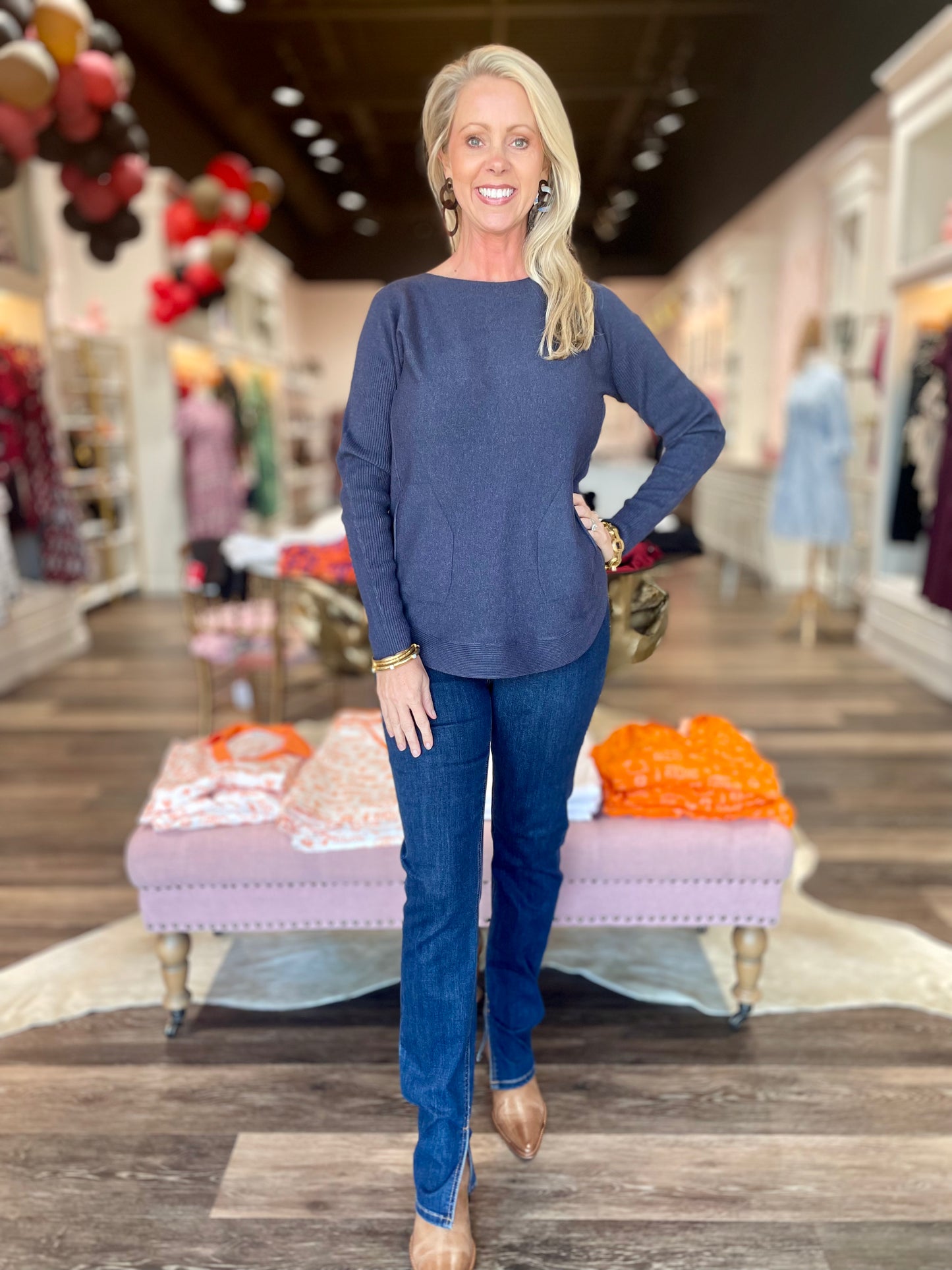 Long Sleeve Sweater with Back Eyelet Detail - Navy