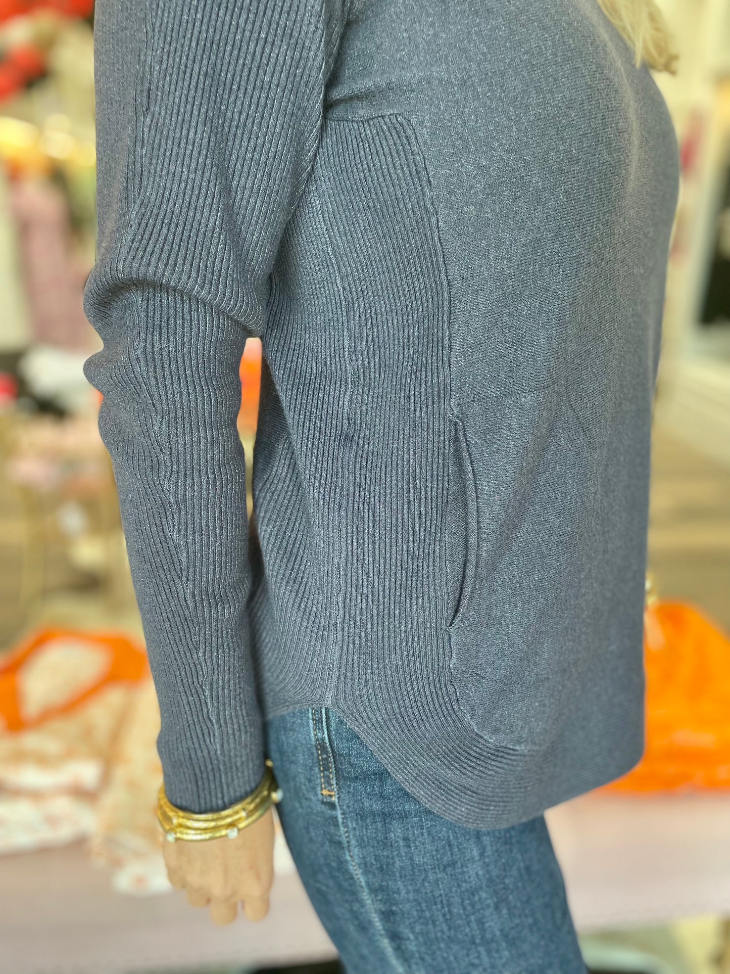 Long Sleeve Sweater with Back Eyelet Detail - Navy