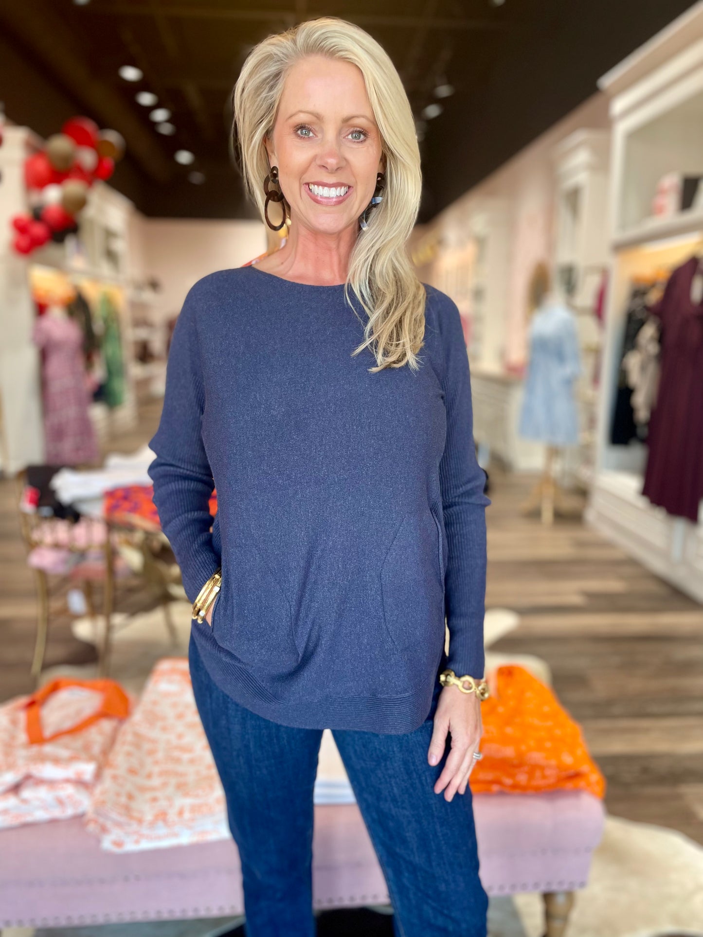 Long Sleeve Sweater with Back Eyelet Detail - Navy
