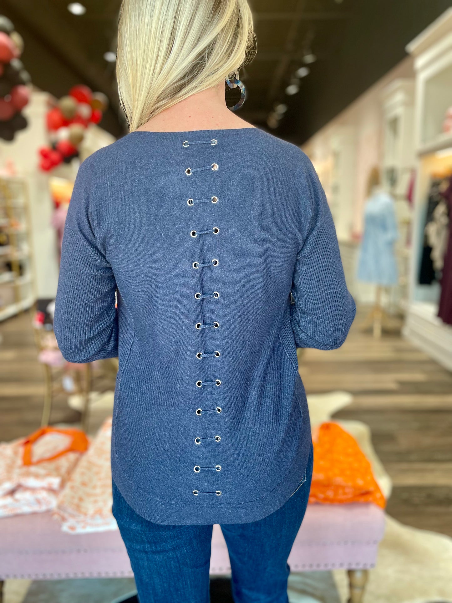 Long Sleeve Sweater with Back Eyelet Detail - Navy