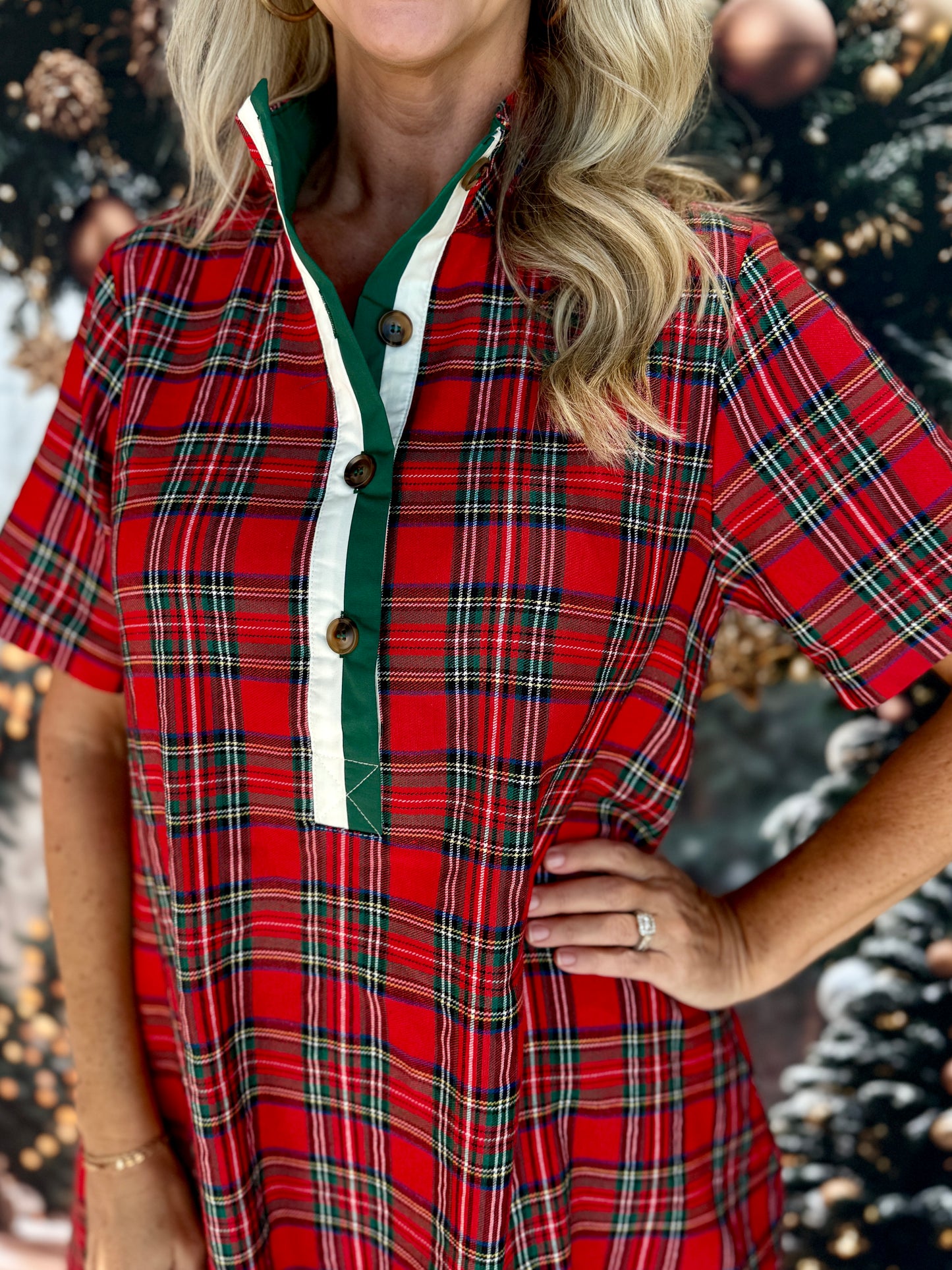 Plaid Short Sleeve Button Dress Red