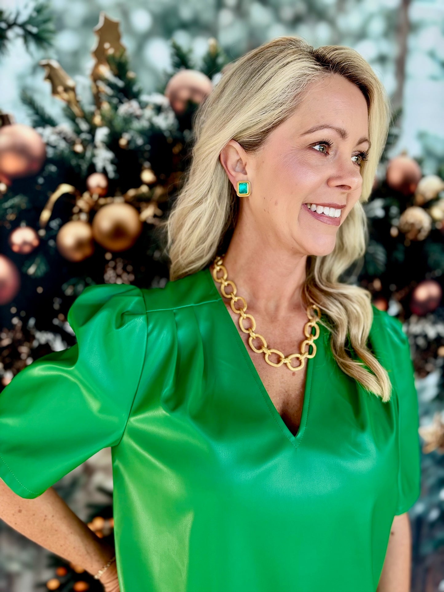 Jade Vegan Leather V Neck Dress Green