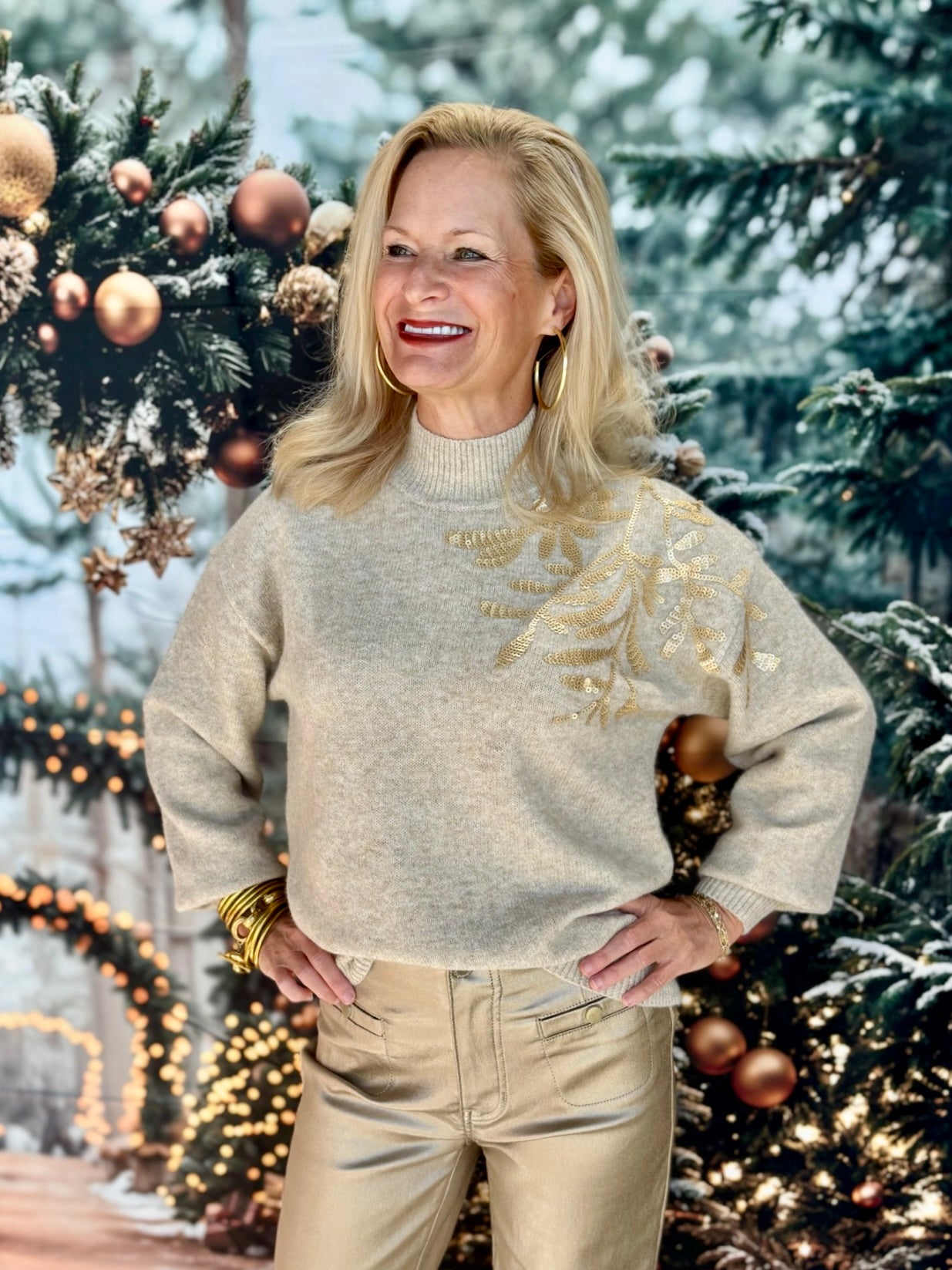 Charlie B Mock Neck Sweater with Sequin Detail - Heather Oat
