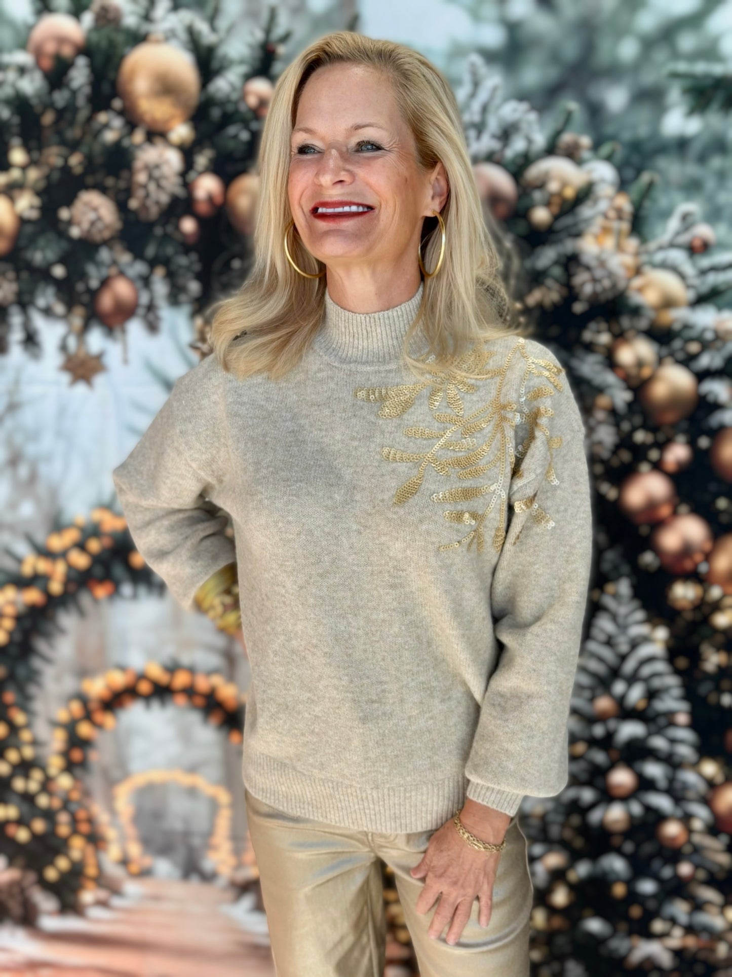Charlie B Mock Neck Sweater with Sequin Detail - Heather Oat