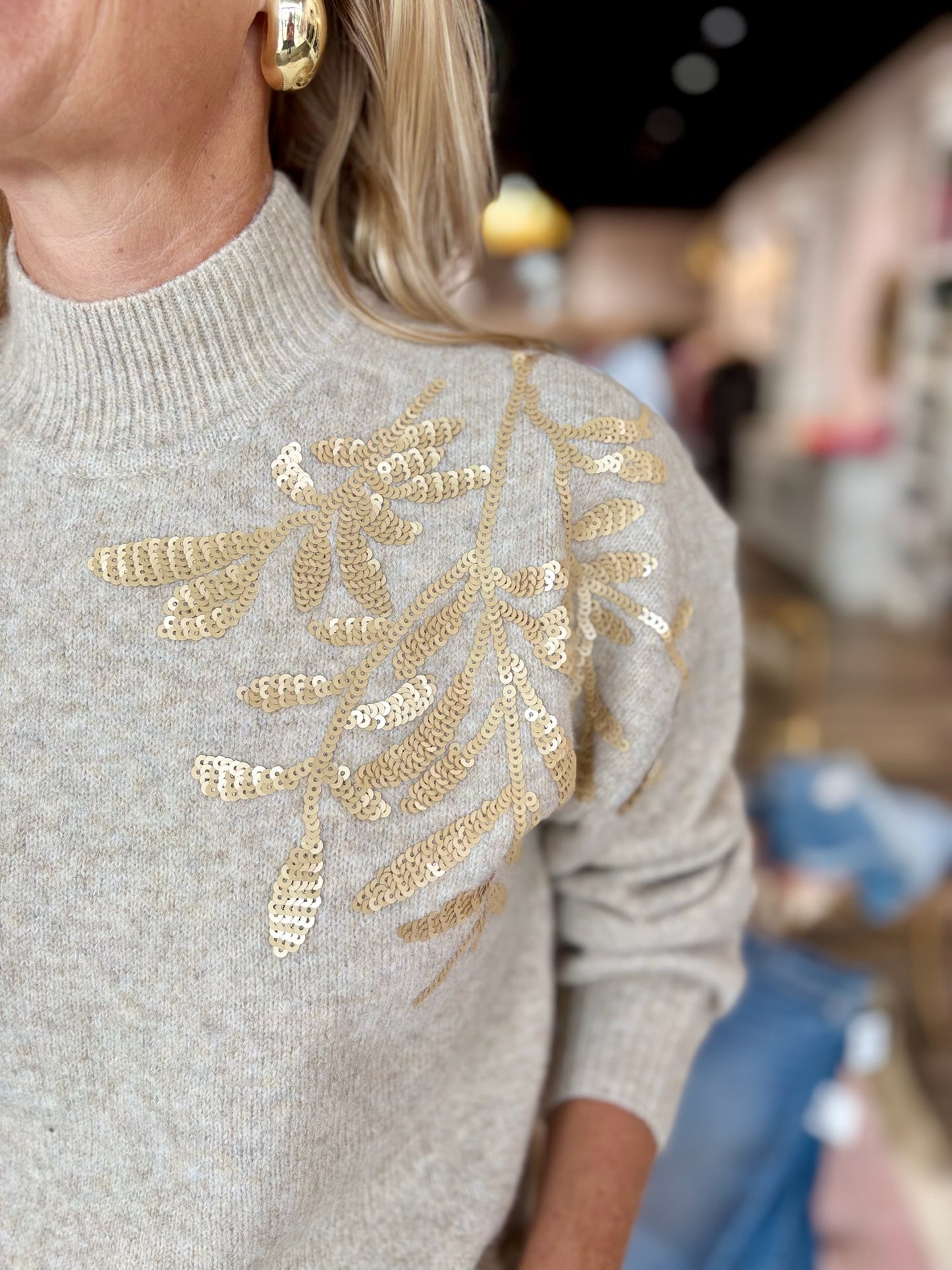 Charlie B Mock Neck Sweater with Sequin Detail - Heather Oat