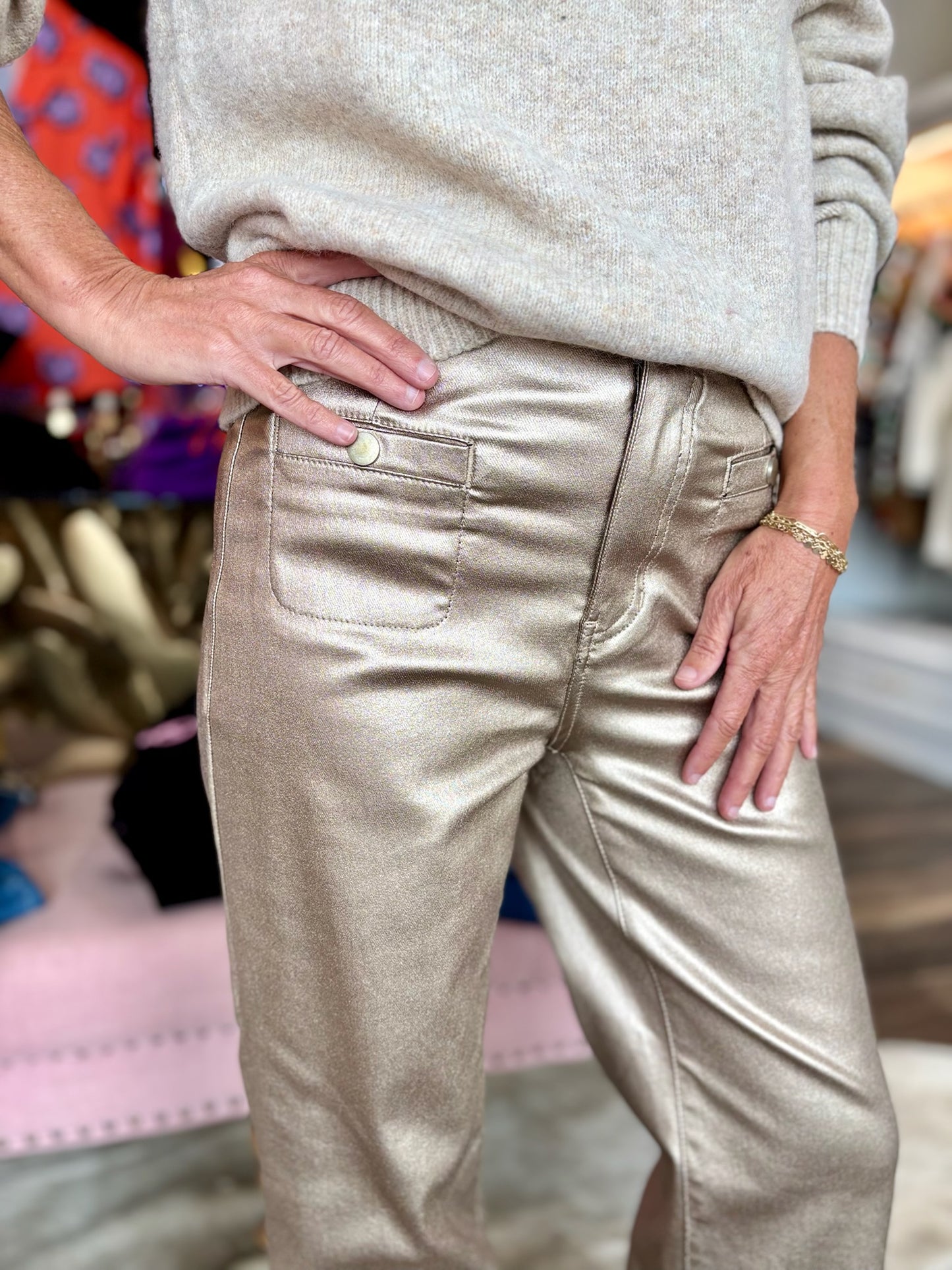 Charlie B Metallic Wax Flared Pants - Brass